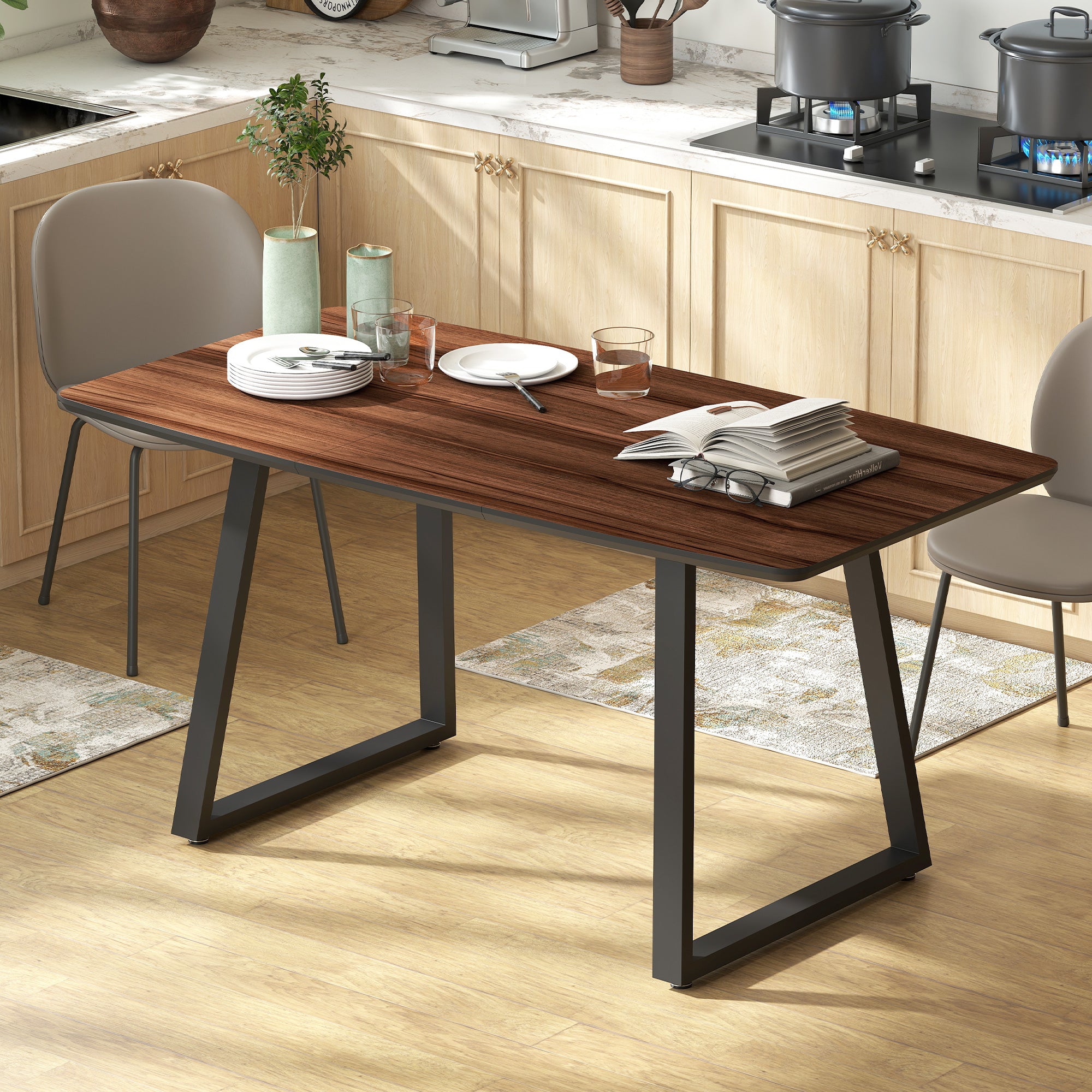 Kozy Extendable Dining Table Rectangular Wood Effect Tabletop for 4-6 People with Steel Frame & Hidden Leaves for Kitchen, Dining Room, Living Room