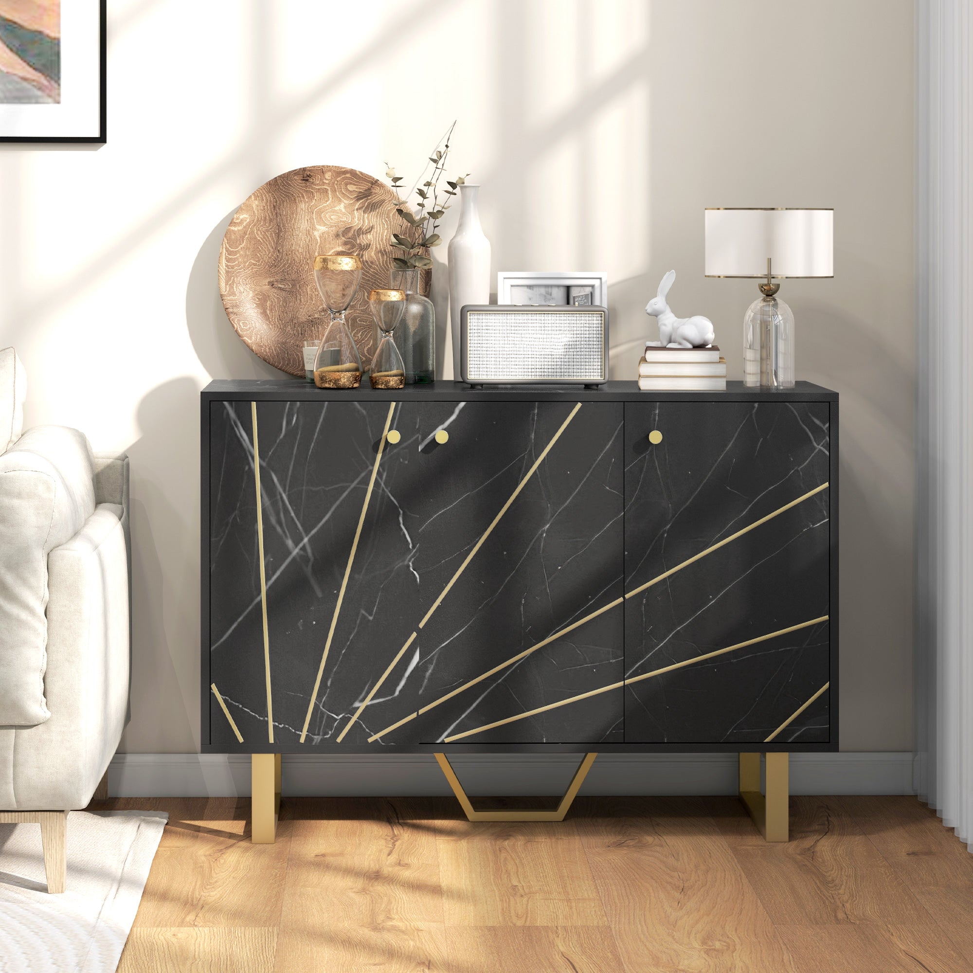 Kozy - Sideboard Storage Cabinet, Modern Storage Cupboard with Adjustable Shelves and Metal Legs for Living Room, Kitchen, Dining Room, Entryway, Black Marble Tone