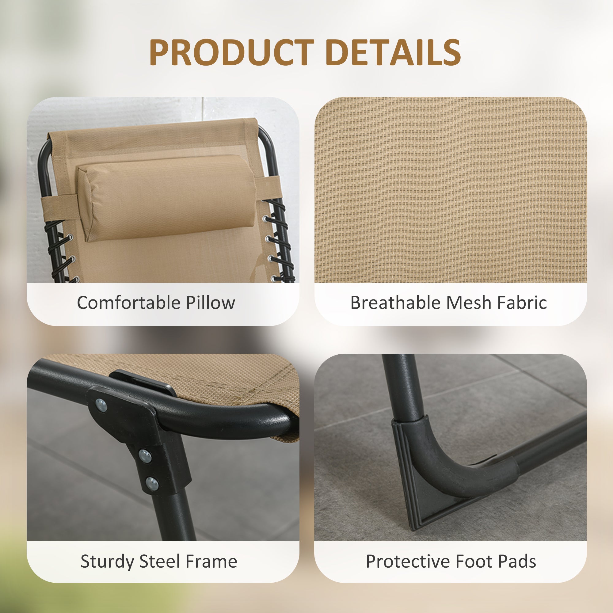 Kozy Portable Sun Lounger, Folding Camping Bed Cot, Reclining Lounge Chair 5-position Adjustable Backrest with Side Pocket, Pillow for Patio Garden Beach Pool, Beige