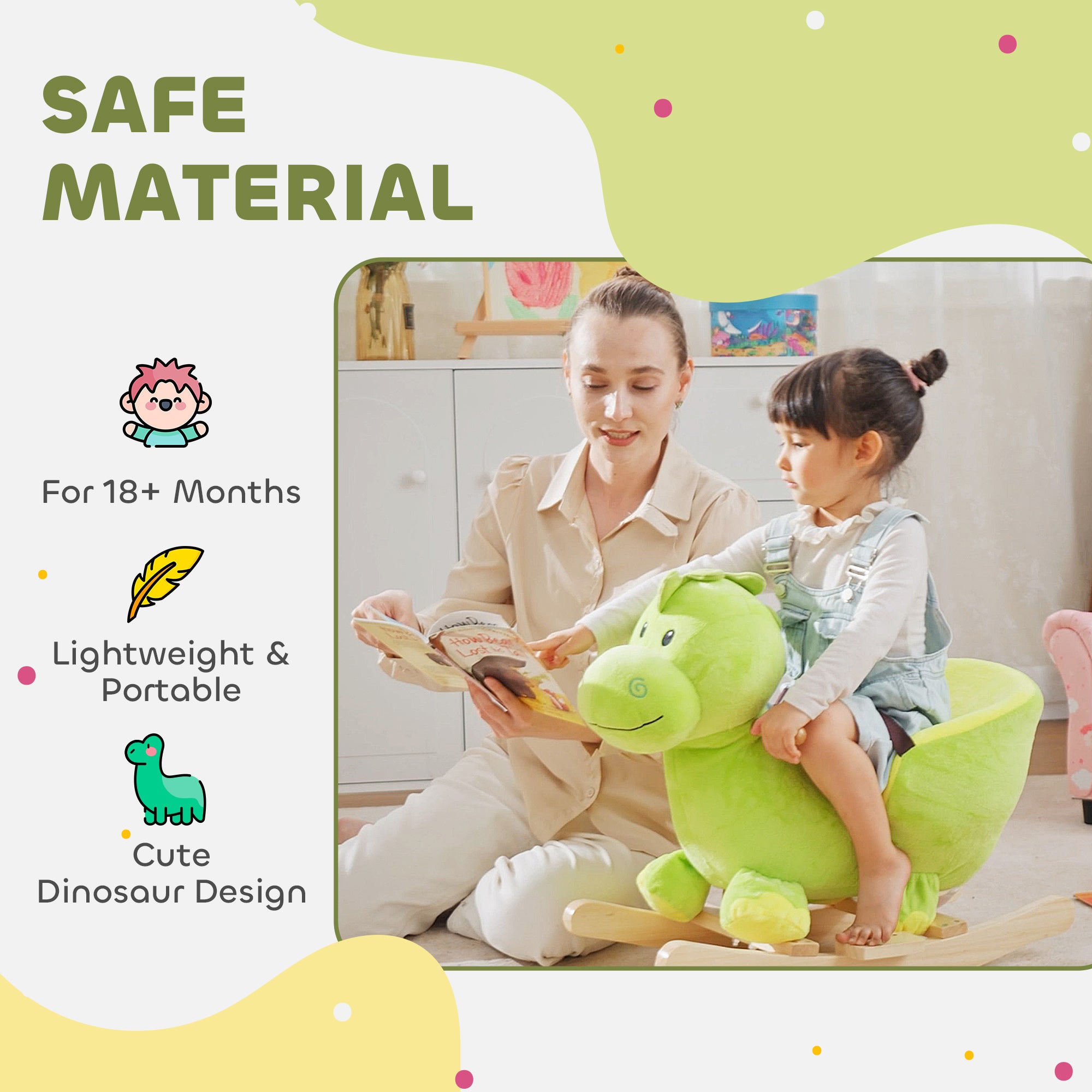 Kozy Kids Rocking Horse, Plush Ride-On Dinosaur Seat, with Seat Safety Belt, 32 Songs, Ride-On Horse