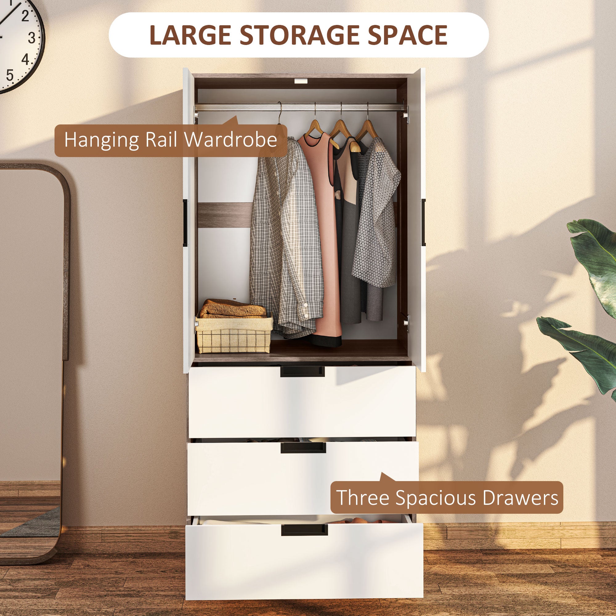 Two Door, Two Drawer Wardrobe - White/Brown