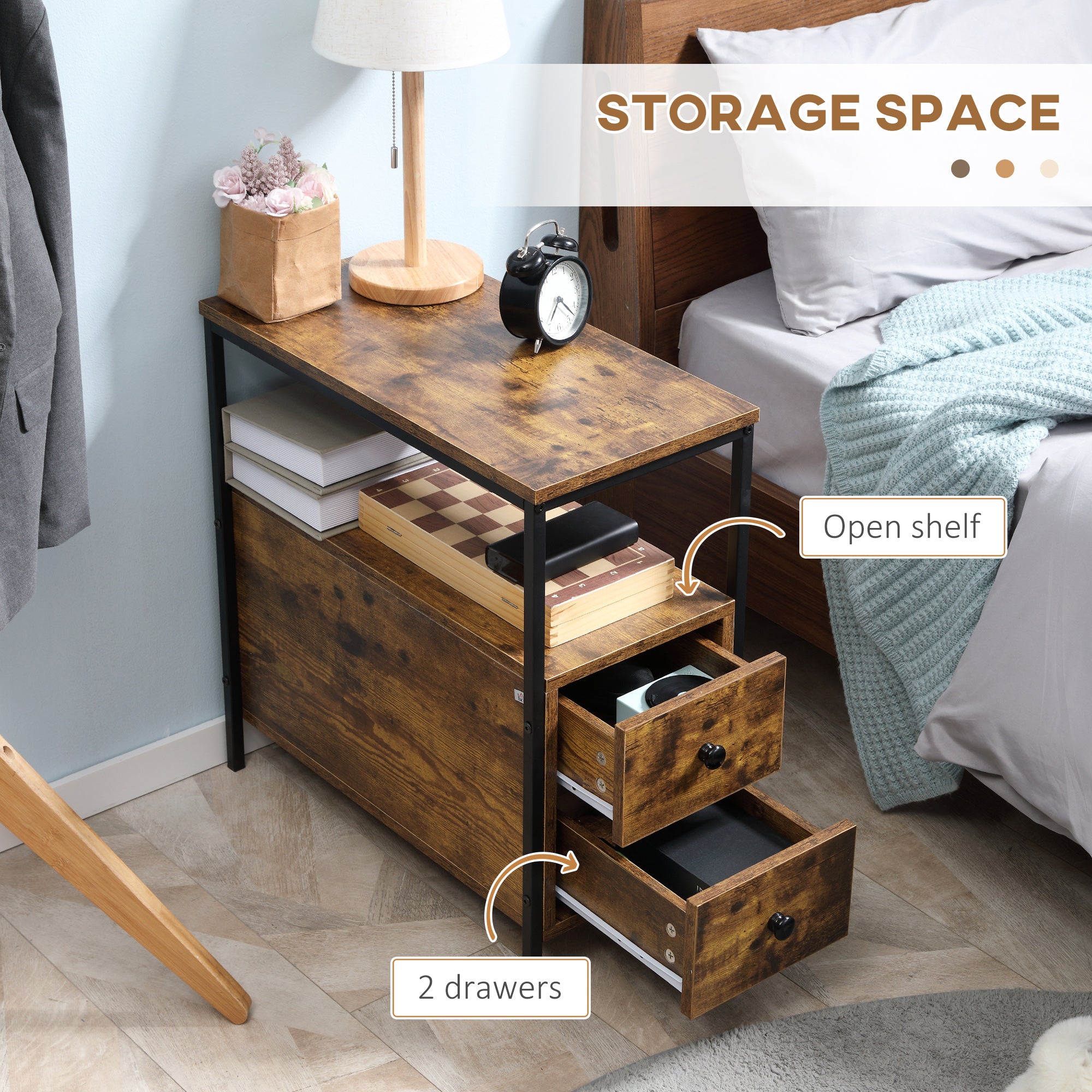 Kozy Side Table, Narrow Bedside Table with 2 Drawers and Storage Shelf, Industrial End Table with Metal Frame for Small Spaces, Rustic Brown