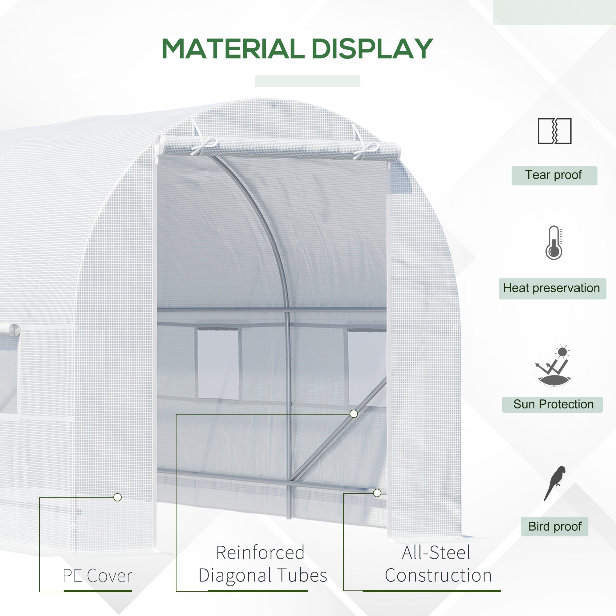 Kozy 4.5 x 2 x 2 m Polytunnel Greenhouse, Walk-in Green House for Garden with Mesh Windows, Galvanised Steel Frame, White