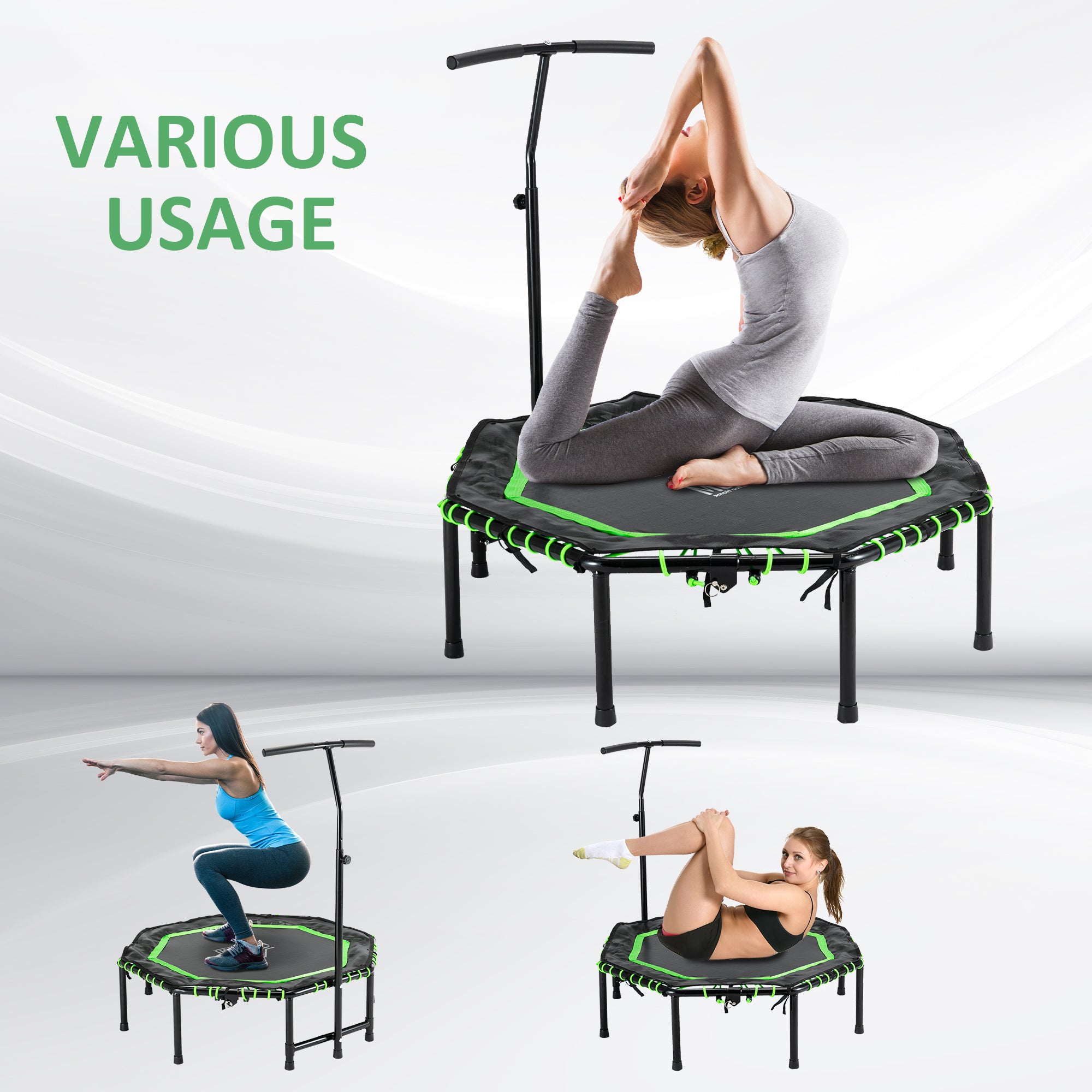 Kozy 48" Octagonal Mini Fitness Rebounder Trampoline Indoor Outdoor Foldable Mini Jumper with Adjustable Handle, Green