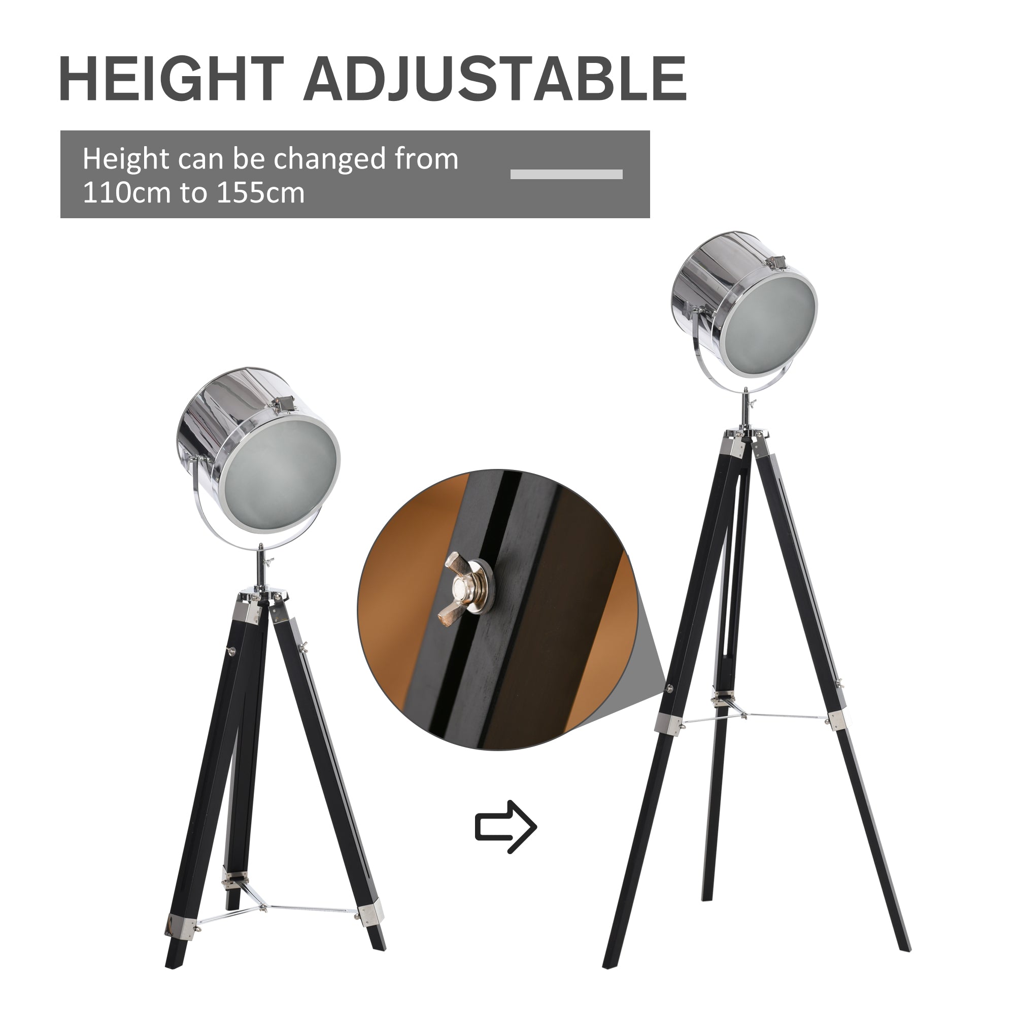 Kozy Industrial Style Adjustable Tripod Floor Lamp, Searchlight Lamp with Wooden Legs and Steel Lampshade, 110-155cm, Black