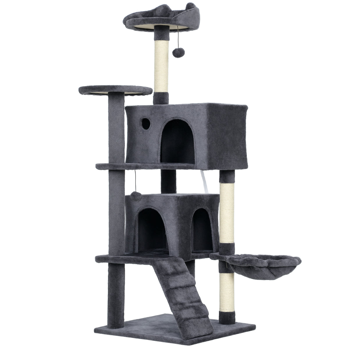 Kozy 140cm Large Cat Tree Tower with Sisal Scratching Posts, Cat Houses, Plush Perches, Hammock, Ladder, Dark Grey