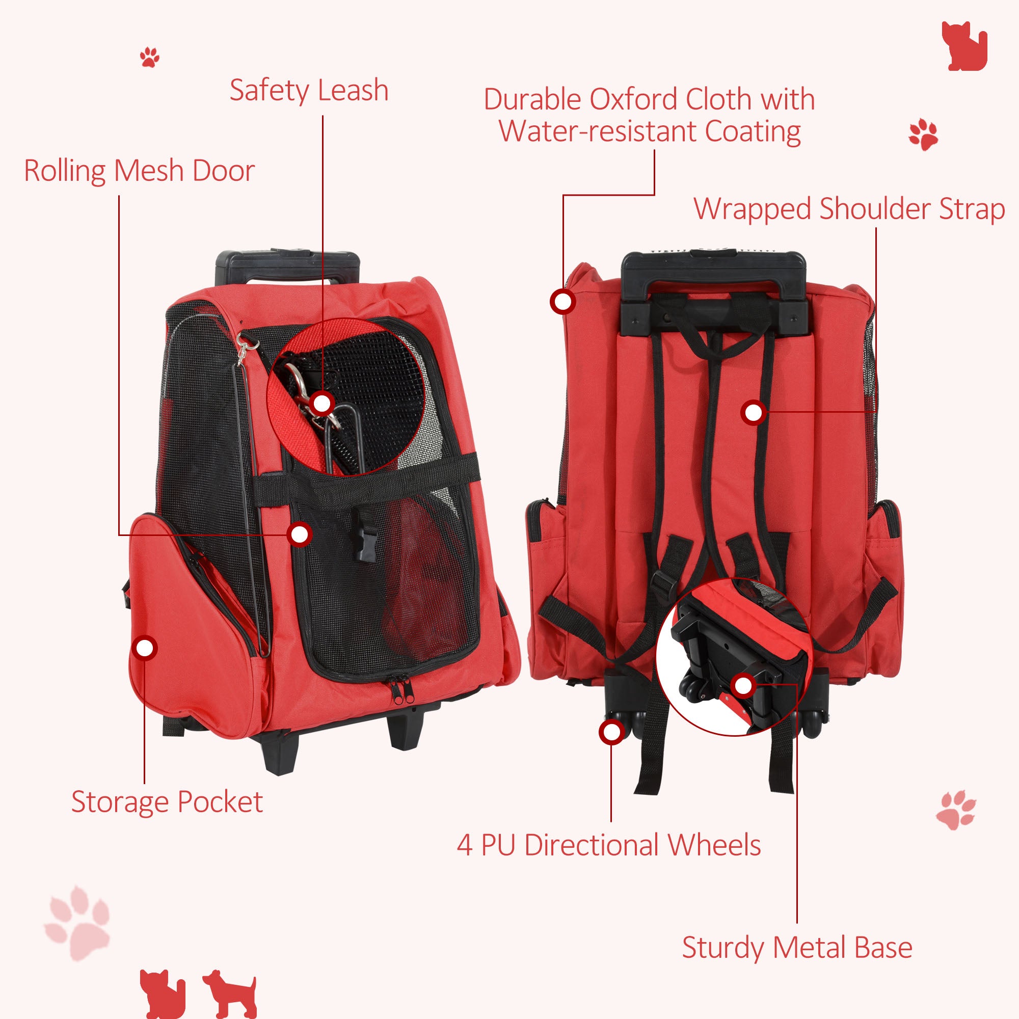 Kozy Pet Travel Backpack Bag Cat Puppy Dog Carrier w/ Trolley and Telescopic Handle Portable Stroller Wheel Luggage Bag (Red)