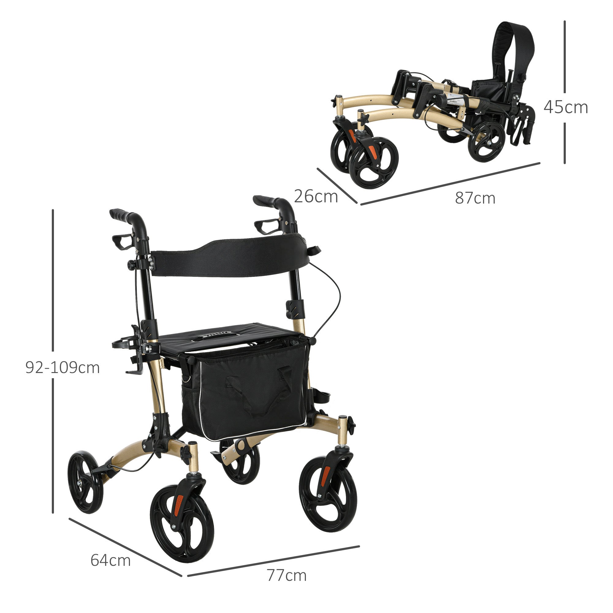 Kozy Folding Rollator with Cane Holder, Adjustable Handle Height and Aluminum Frame, 4 Wheeled Mobility Walker with Seat and Bag, Gold