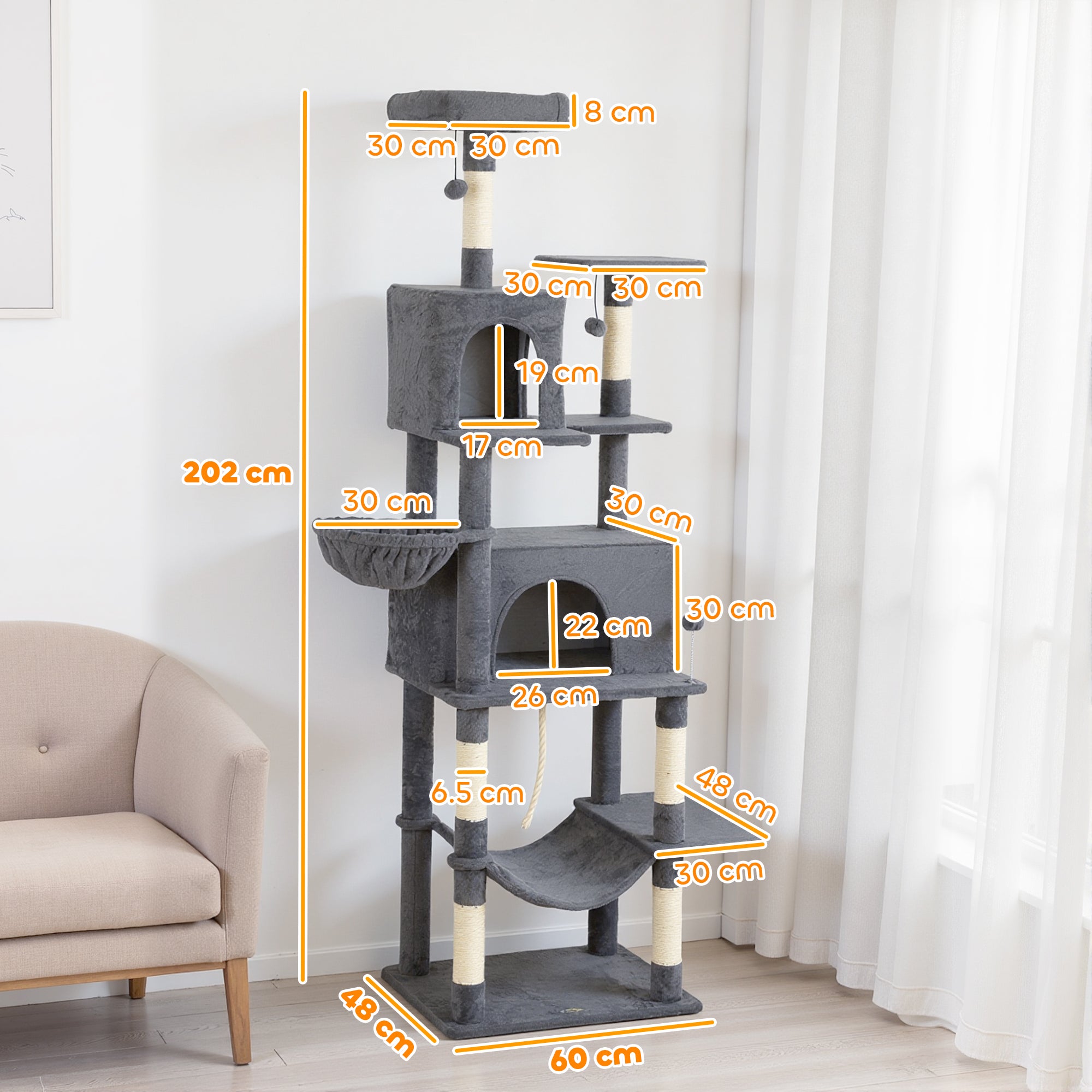 Kozy - 202cm Large Cat Tree with 6 Scratching Posts, 2 Hammocks, 2 Condos, 2 Perches, Pompoms, for Indoor Cats to Rest and Play