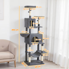 Kozy - 202cm Large Cat Tree with 6 Scratching Posts, 2 Hammocks, 2 Condos, 2 Perches, Pompoms, for Indoor Cats to Rest and Play