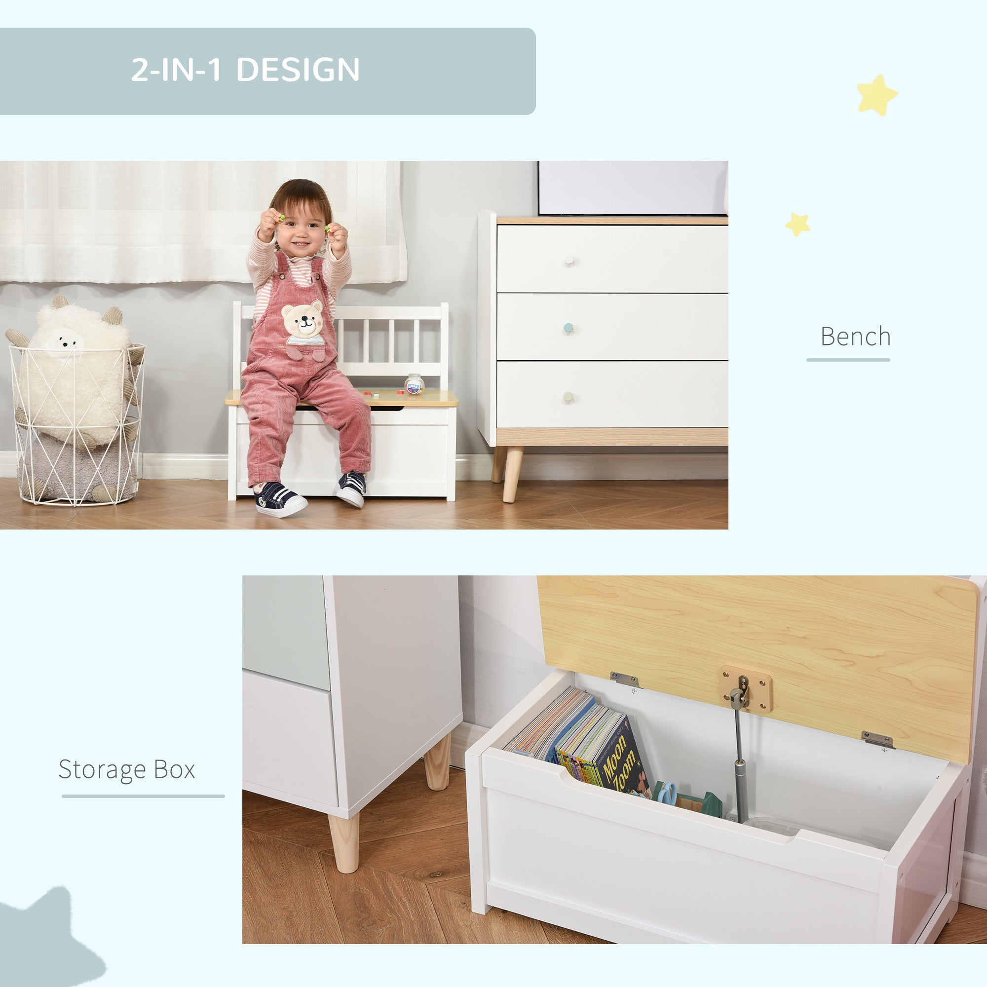 Kozy 2 In 1 Wooden Toy Box, Seat Storage Bench, Storage Chest Cabinet Organiser, with Safety Pneumatic Rod