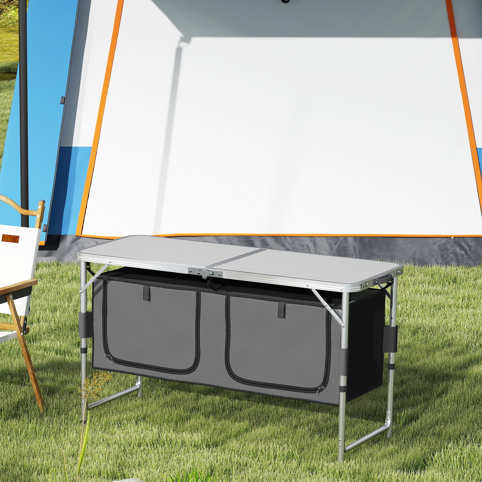 Kozy 4ft Folding Camping Cupboard Kitchen, Height Adjustable Aluminium Camping Table with Storage, Lightweight Picnic Table for Outdoor Garden BBQ Party