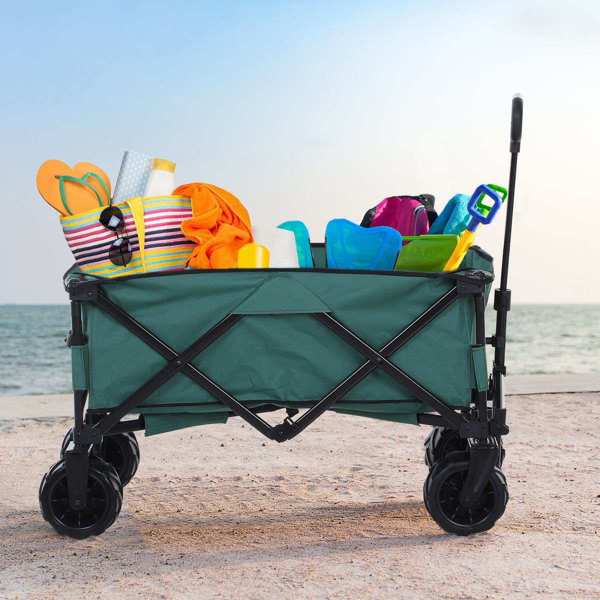 Outsunny Folding Cargo Wagon Trailer, Outdoor Pull Along Cart for Beach Garden with Telescopic Handle, Anti