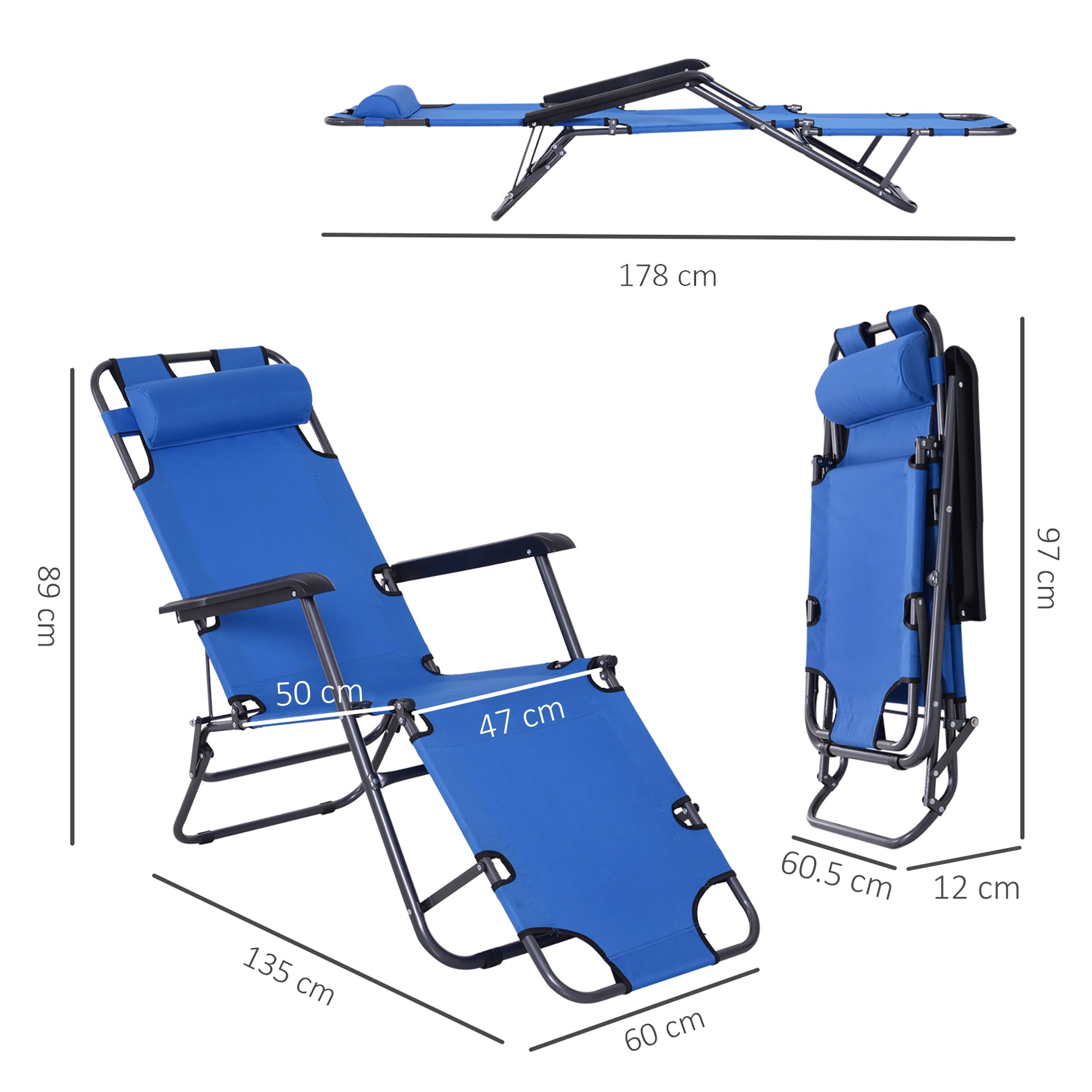 Outsunny 2 in 1 Sun Lounger Folding Reclining Chair Garden Outdoor Camping Adjustable Back with Pillow (Blue)