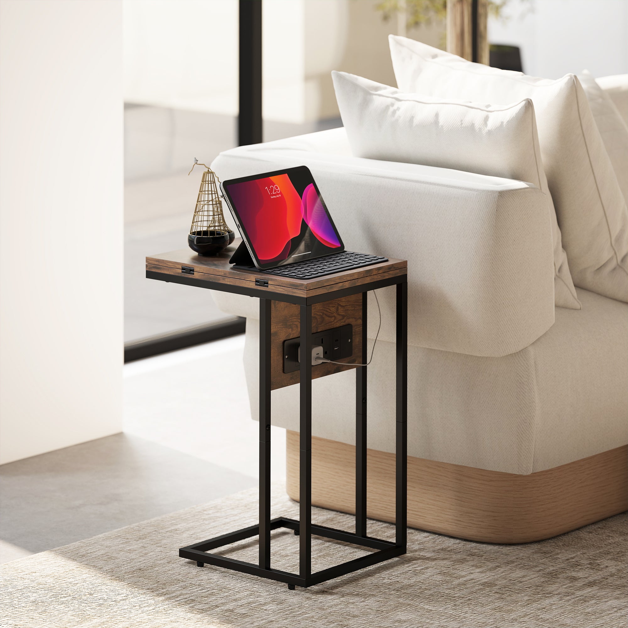 Kozy - C Shaped Side Table with Charging Station and Foldable Top - Rustic Brown