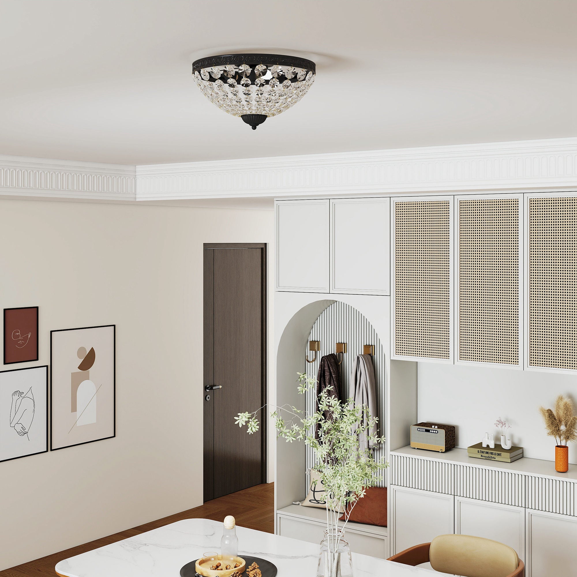 Kozy Crystal Chandelier Ceiling Light with 168 Octagonal Beads, Vintage 2-Light Flush Mount Ceiling Light for Living Room, Bedroom, Hallway, Dining Room, Gold Tone