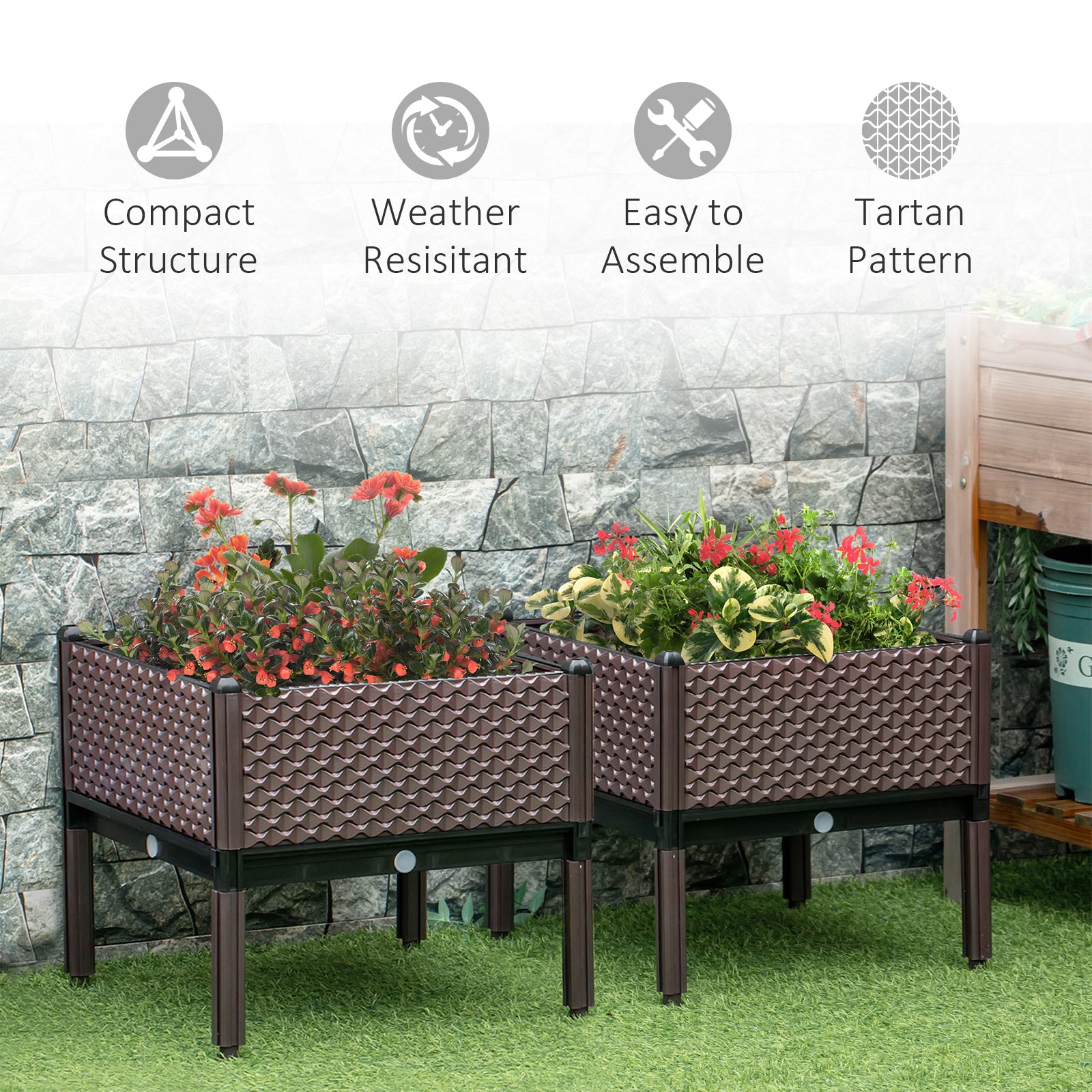 Kozy 50cm x 50cm x 46.5cm Set of 2 41L Garden Raised Bed, Elevated Planter Box, Flower Vegetables Planting Container with Self-Watering Design and Drainage Holes