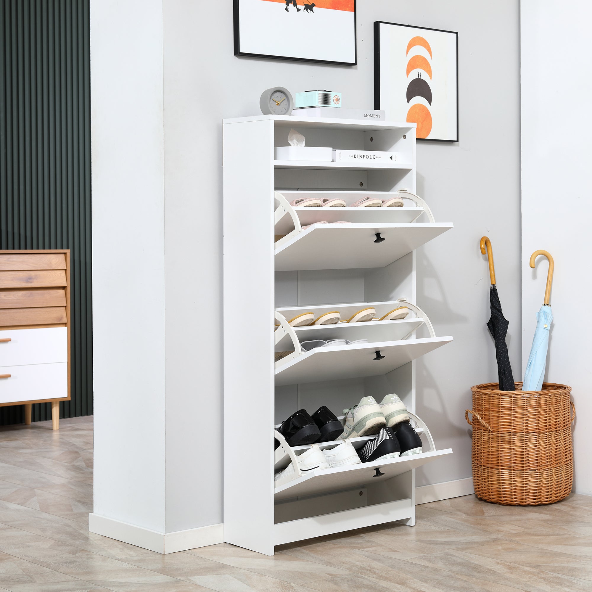 Kozy Narrow Shoe Cabinet with 3 Flip Doors, 14-18 Pairs Shoe Cupboard with Open Shelf for Slim Hallway and Entryway, 24 x 60 x 132 cm, White