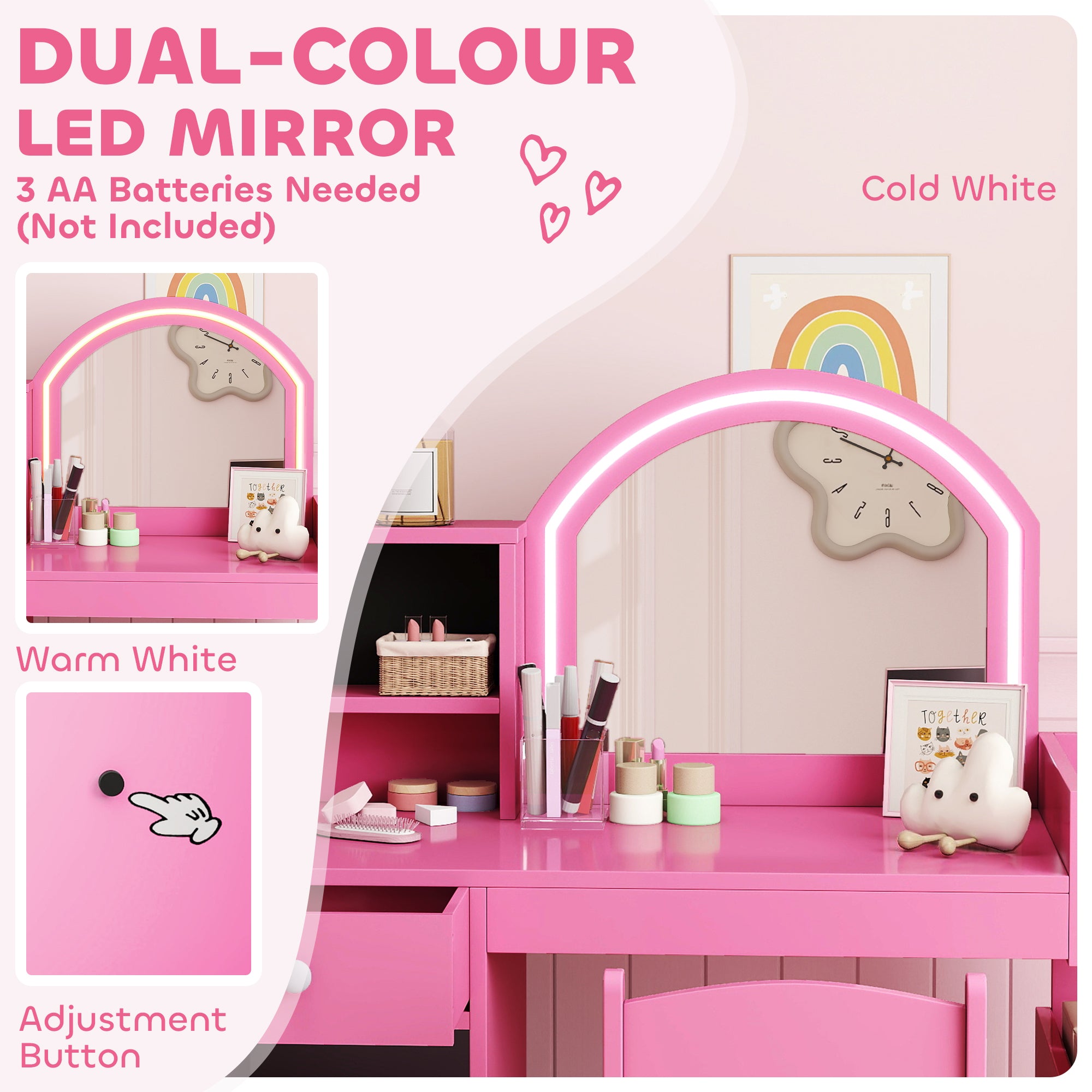 Kozy Kids Vanity Table and Chair Set, Girls Dressing Table with 2-Colour LED Mirror, Stool, Cabinet, Drawer, Shelves, Pink