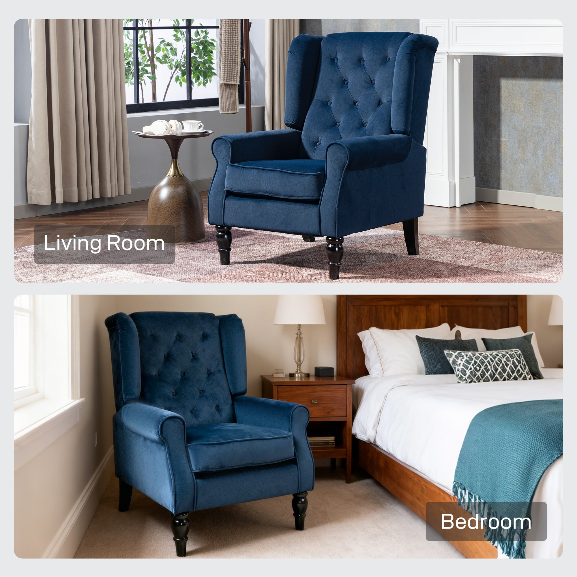 Kozy - Wingback Accent Chair, Retro Upholstered Button Tufted Occasional Chair for Living Room and Bedroom, Dark Blue
