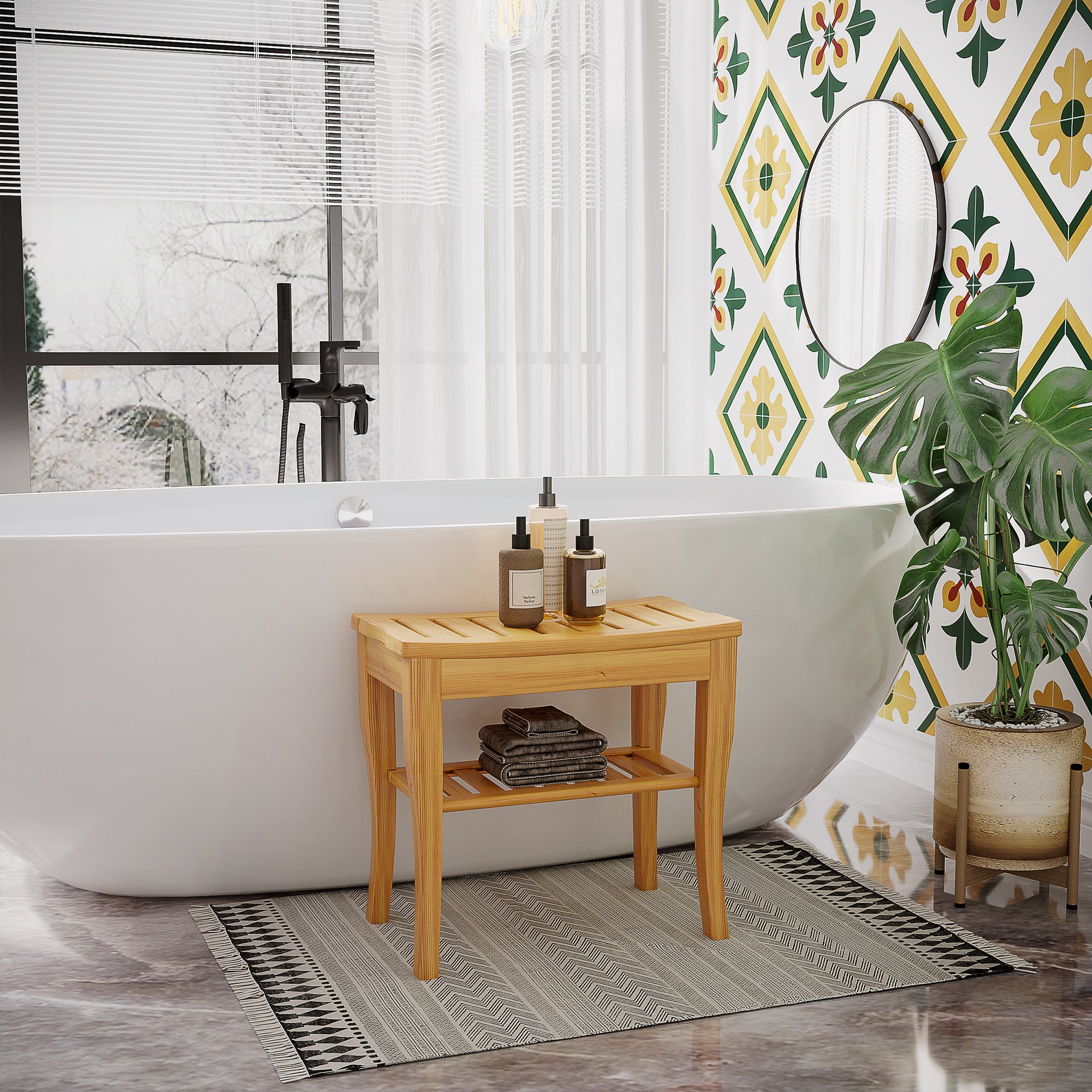 Kozy 45cm 2-Tier Slatted Shower Bench Storage Seat w/ 4 Legs Comfortable Safe Bathroom Stool Spa Bath Organiser