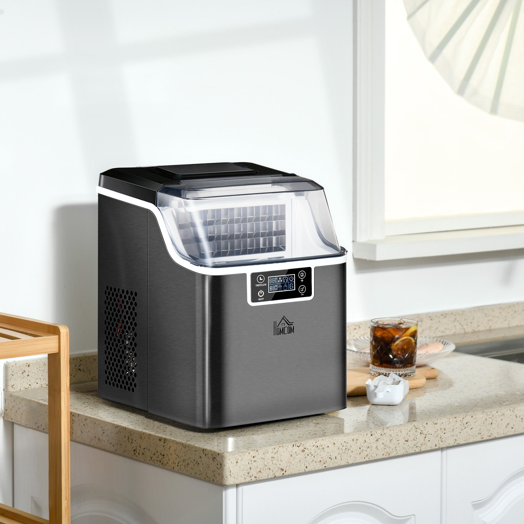 HOMCOM Ice Maker Machine Countertop, 20Kg in 24 Hrs, 24 Cubes Ready in 14-18Mins, Stainless Steel Ice Cube Maker, 3.2L w/ Adjustable | Aosom UK