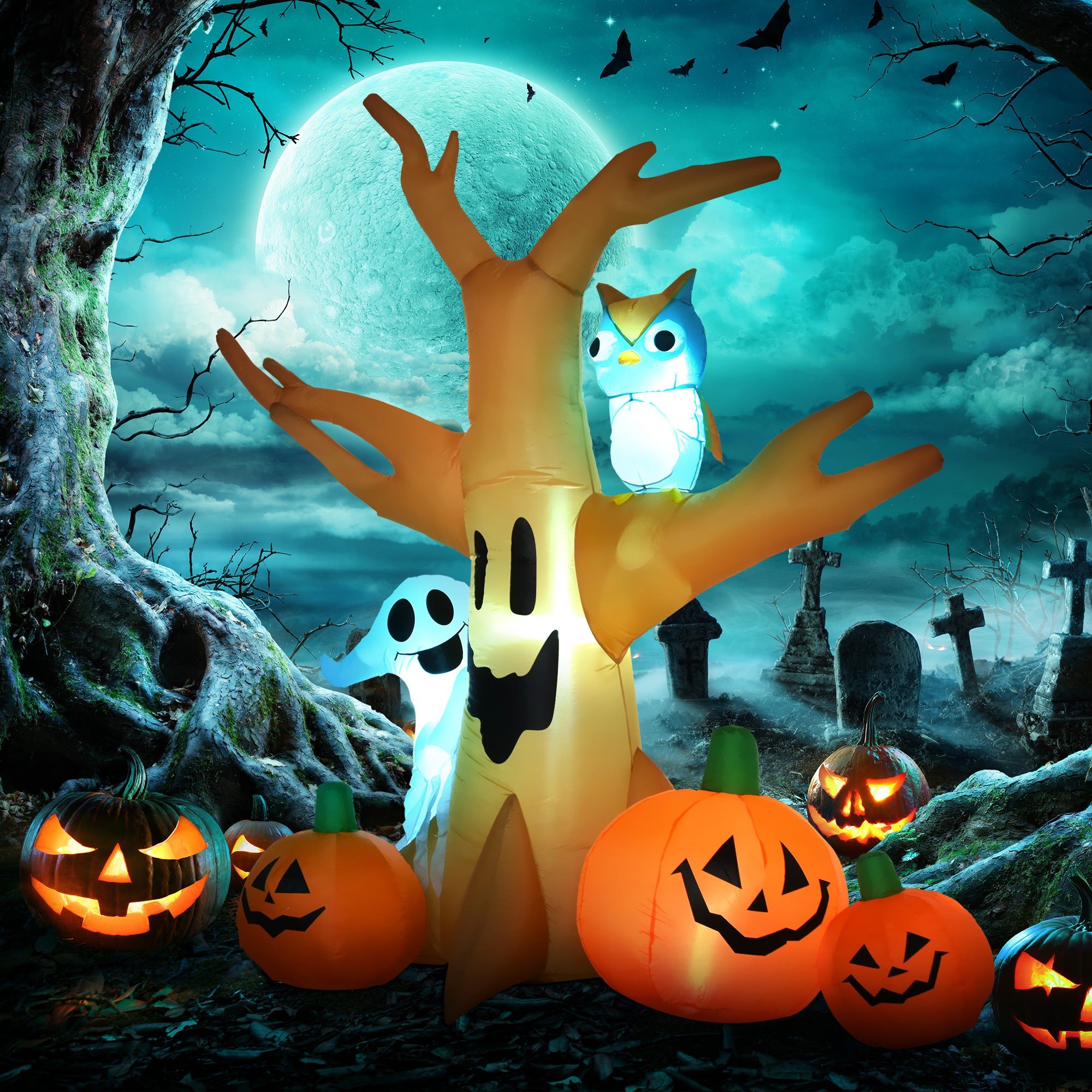 Kozy 240cm Large Halloween Scary Lighting Inflatable Tree Ghost 3 Pumpkins Owl 4 LED Indoor Outdoor Holiday Decoration