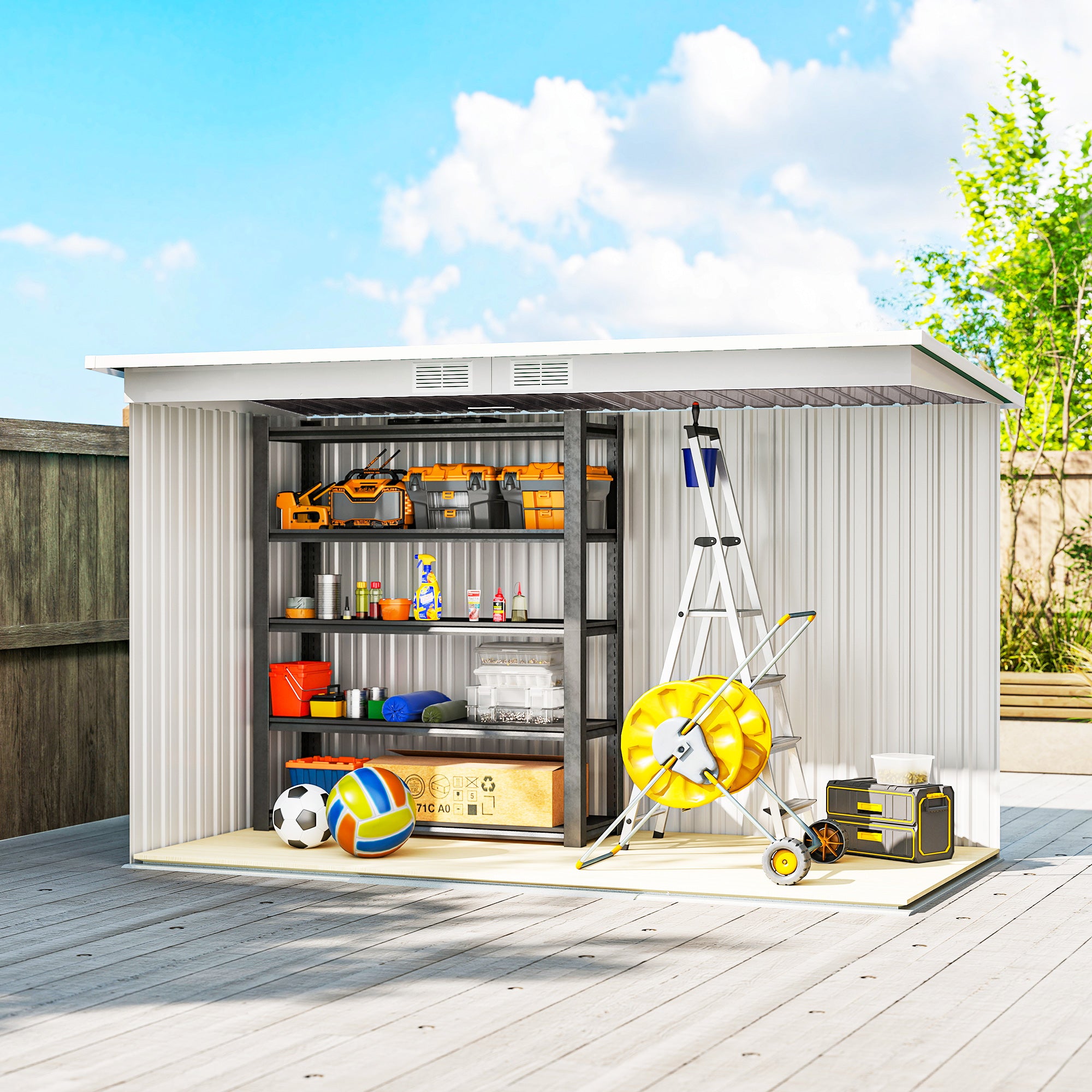 Kozy Corrugated Garden Metal Storage Shed Outdoor Equipment Tool Box with Kit Ventilation Doors 9x 4FT Light Grey