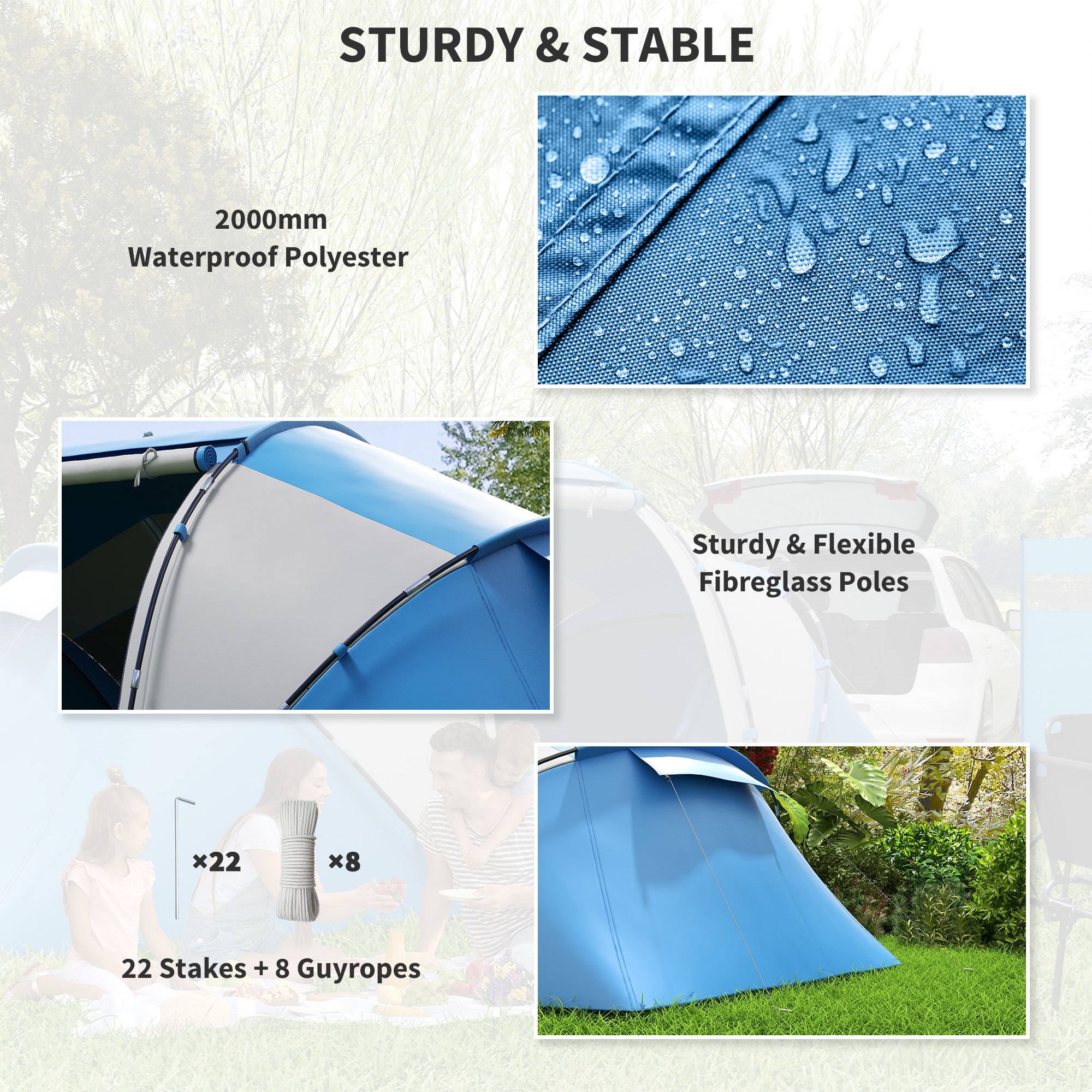 Kozy 4-6 Man Camping Tent w/ Two Bedroom, Hiking Sun Shelter, UV Protection Tunnel Tent, Blue and White