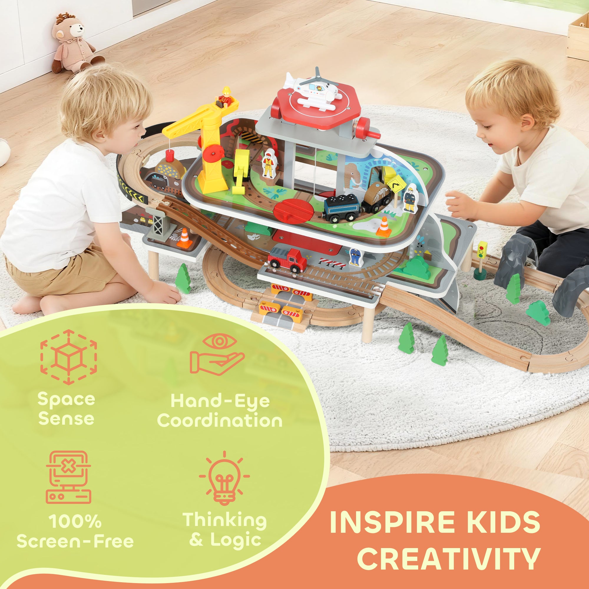 Kozy 79 Piece Wooden Train Set, Kids Train Track Mine Themed with Crane, Helicopter