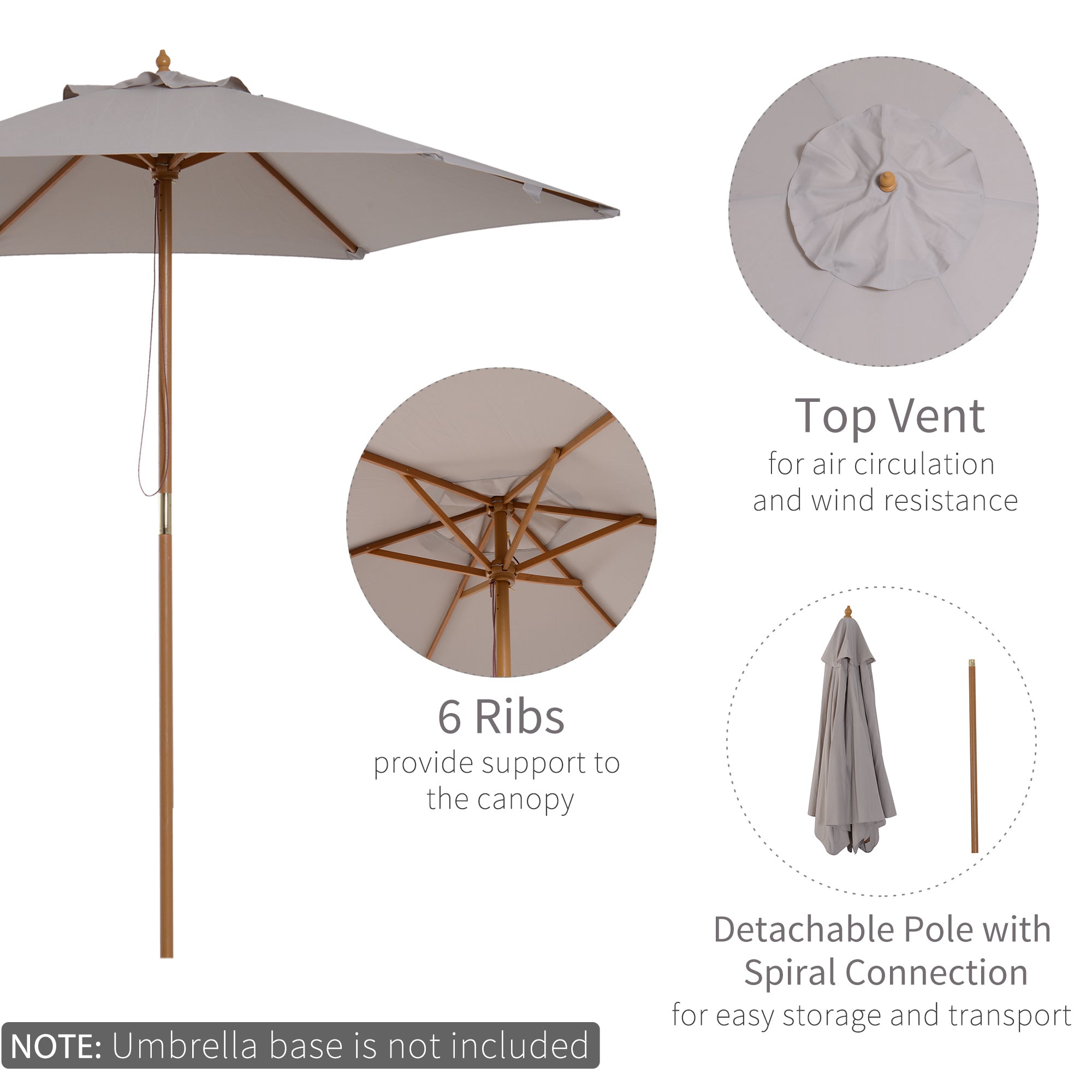 Kozy 2.5m Wood Garden Parasol Sun Shade Patio Outdoor Wooden Umbrella Canopy, Table Market Umbrella with Vent, 38mm Pole, Rope Pulley Mechanism, Grey