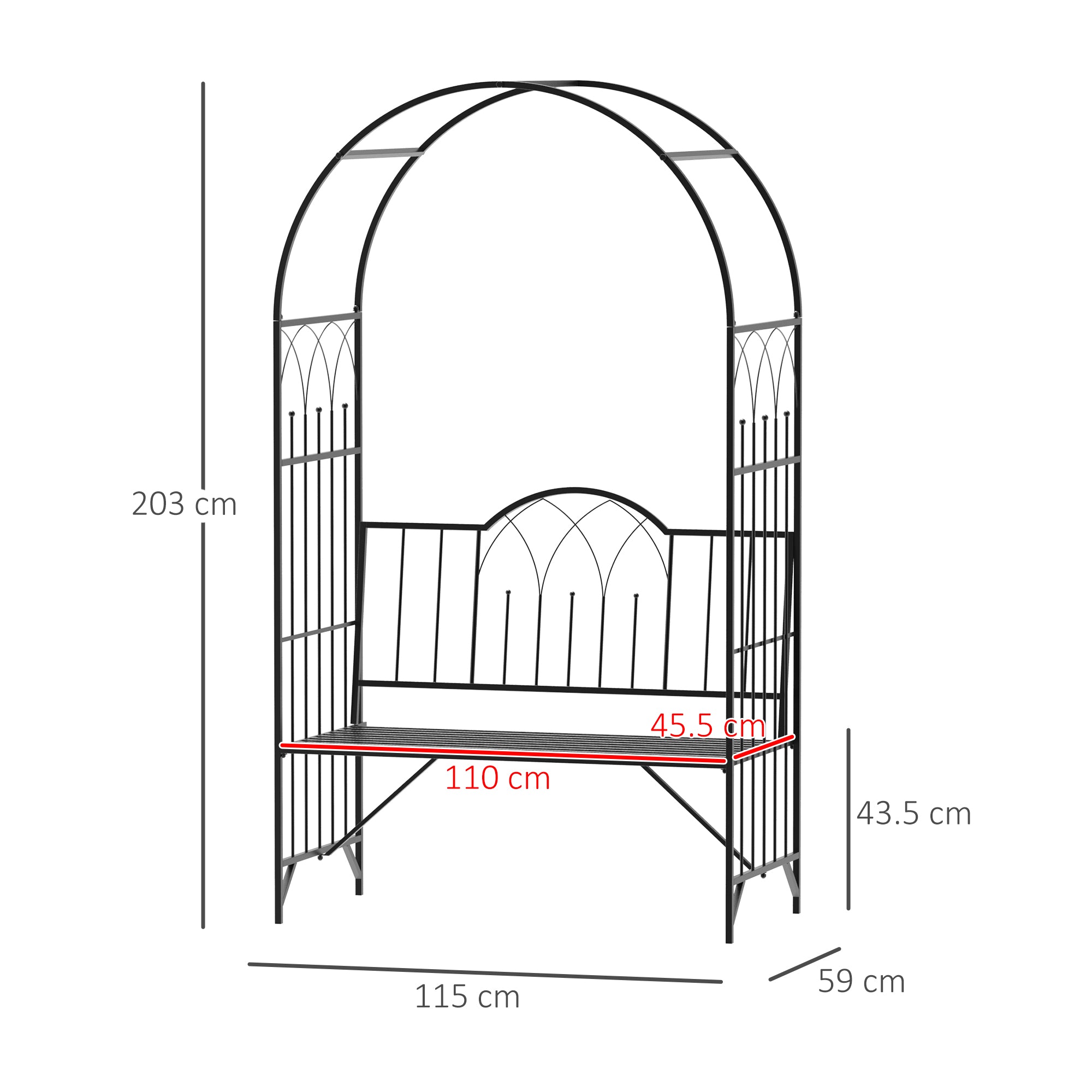 Kozy Garden Metal Arch Bench Outdoor Patio Rose Trellis Arbour Pergola for Climbing Plant Antique Style 2-Seater Chair, Black