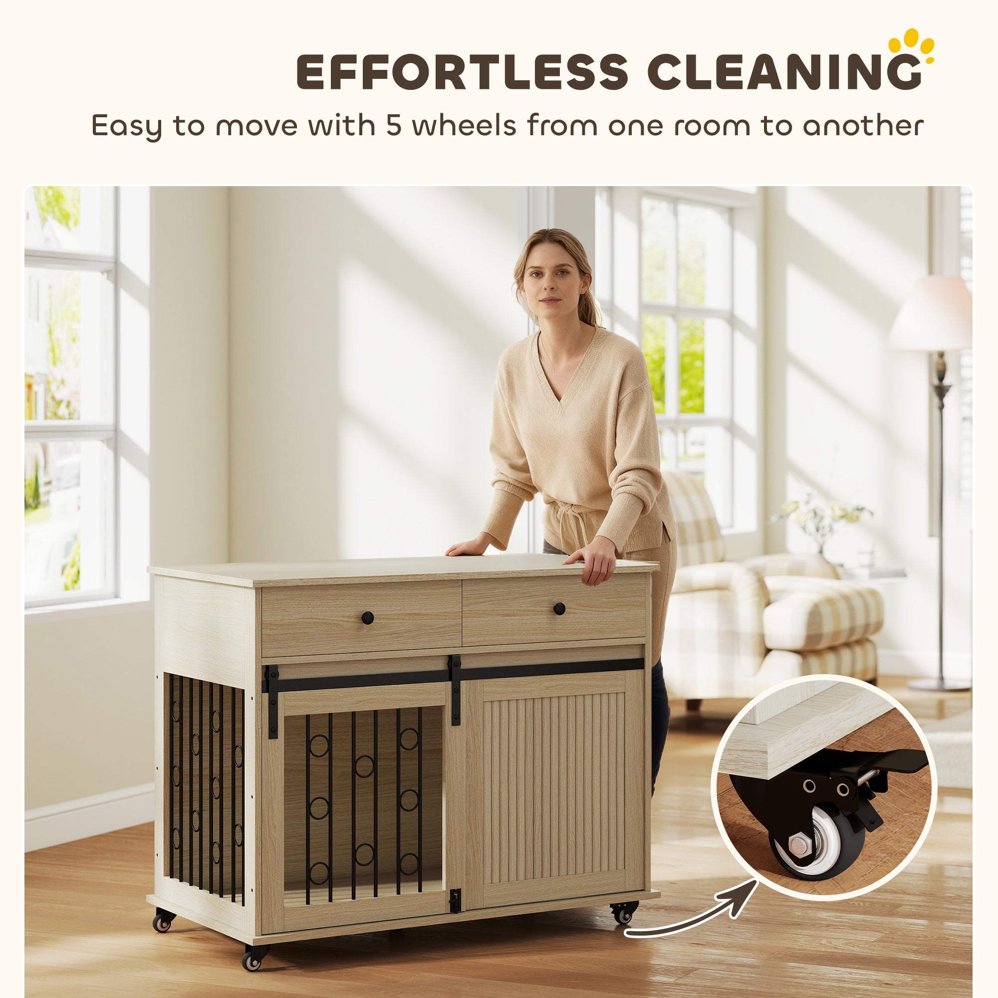 Kozy Dog Crate Furniture on Wheels, Dog Cage with 2 Drawers, Sliding Door, for Medium Large Dogs, Oak Tone