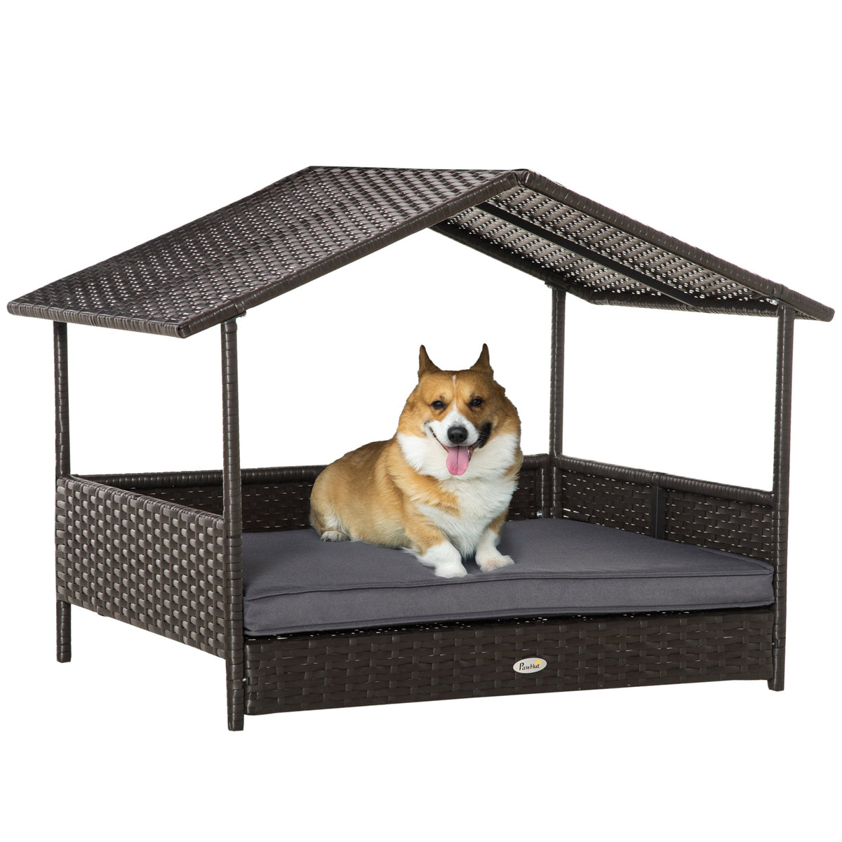 PawHut Rattan Dog House, Elevated Wicker Pet Bed Lounge with Removable Cushion and Canopy, for Small and Medium Dogs, 98 x 69 x 73cm - Grey | Aosom UK