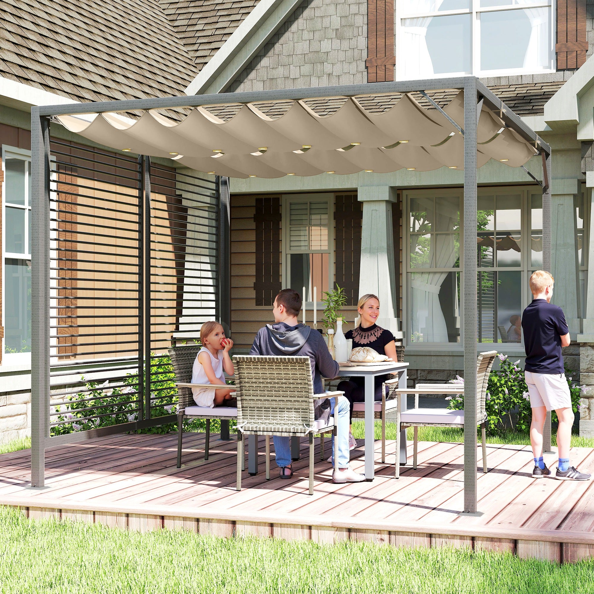 Kozy 3 x 2.8m Metal Pergola, with Retractable Fabric Roof - Beige