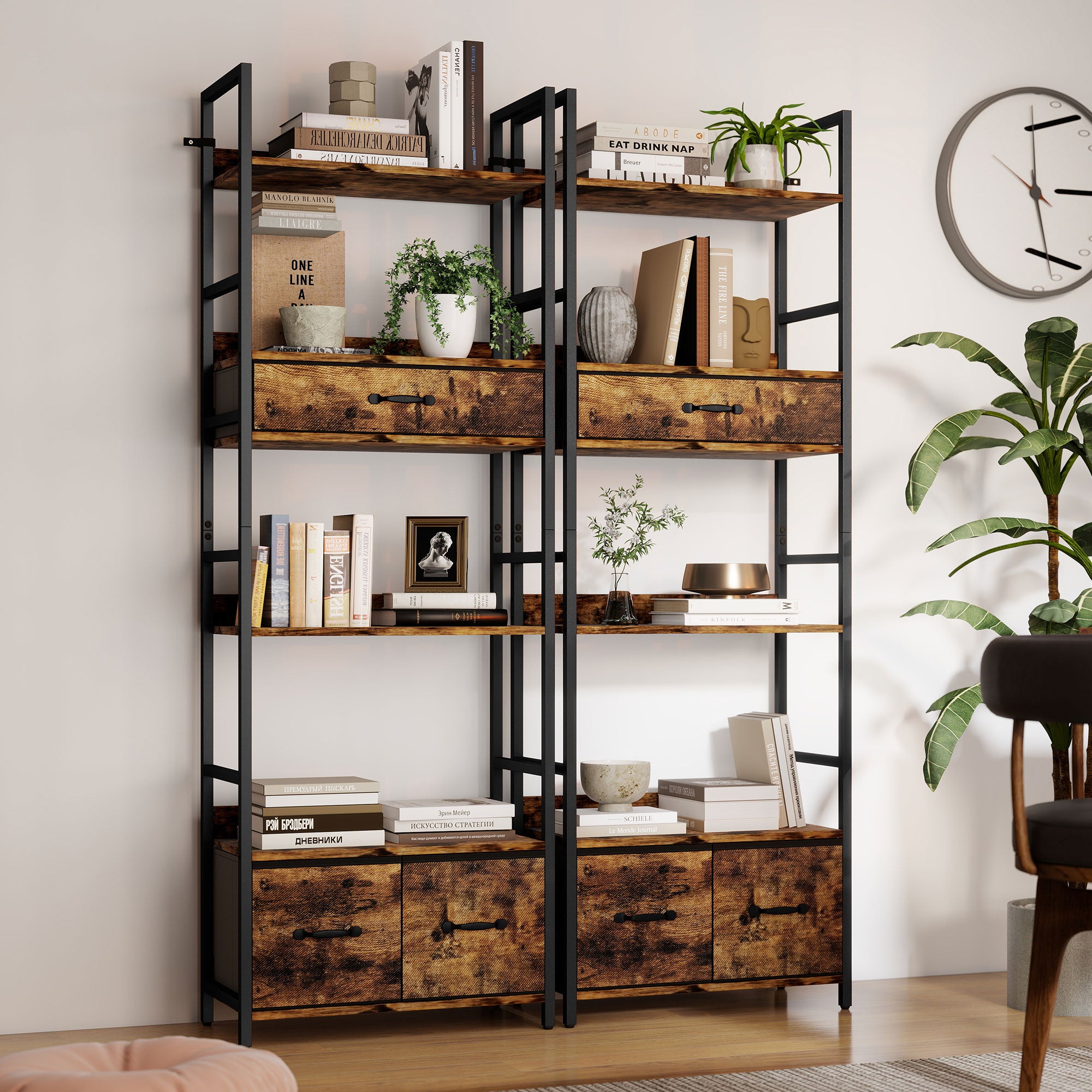 Kozy Industrial Style Bookcase, with 4 Shelves and 3 Fabric Drawers - Brown/Black