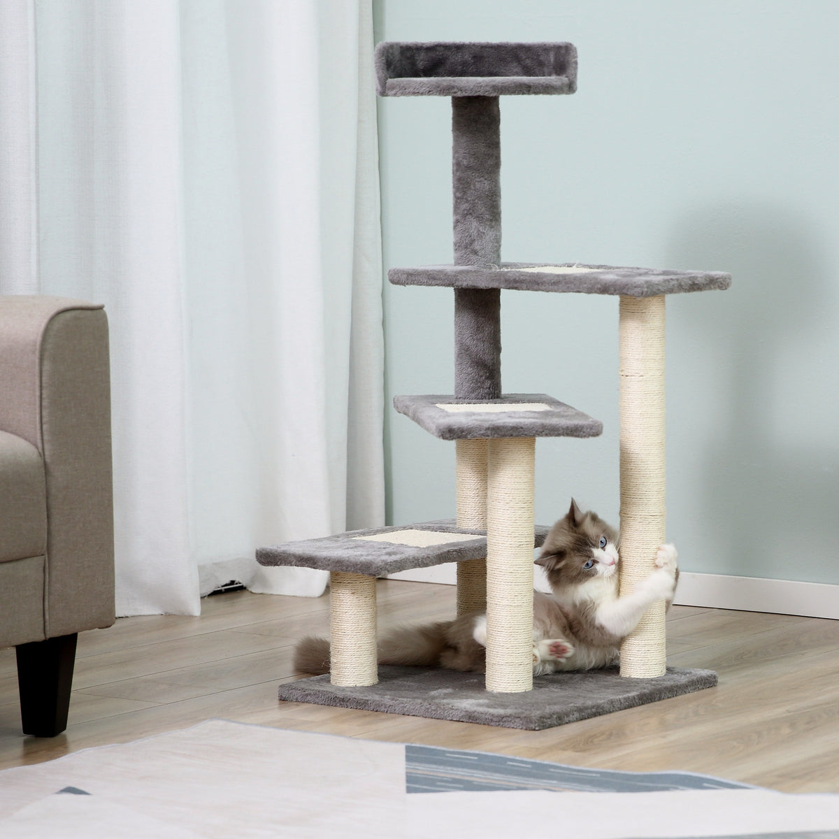 PawHut Cat Tower, Kitten Scratch Post, Sisal Climbing Activity Centre, Durable & Comfortable, Grey.