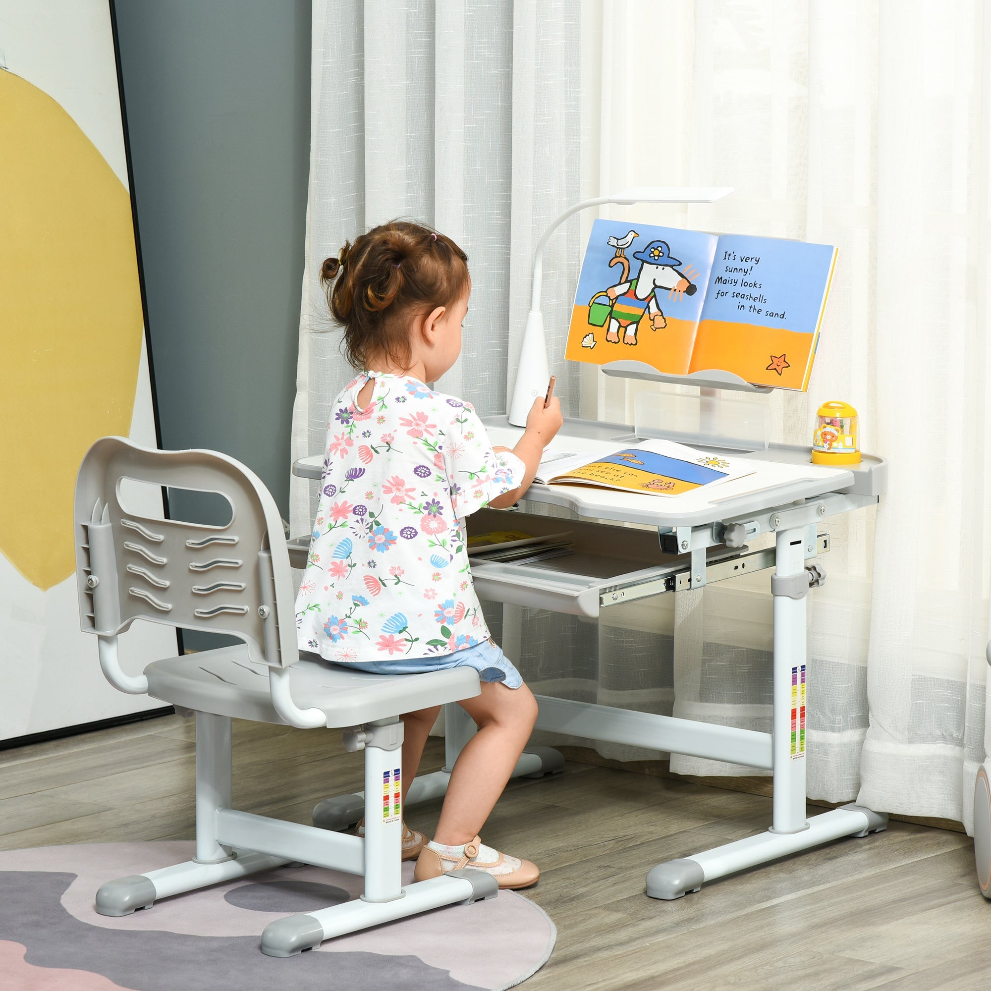 HOMCOM Children's Study Desk Set: USB Lamp, Storage Drawer, Activity Table for Arts & Crafts, Grey & White | Aosom UK