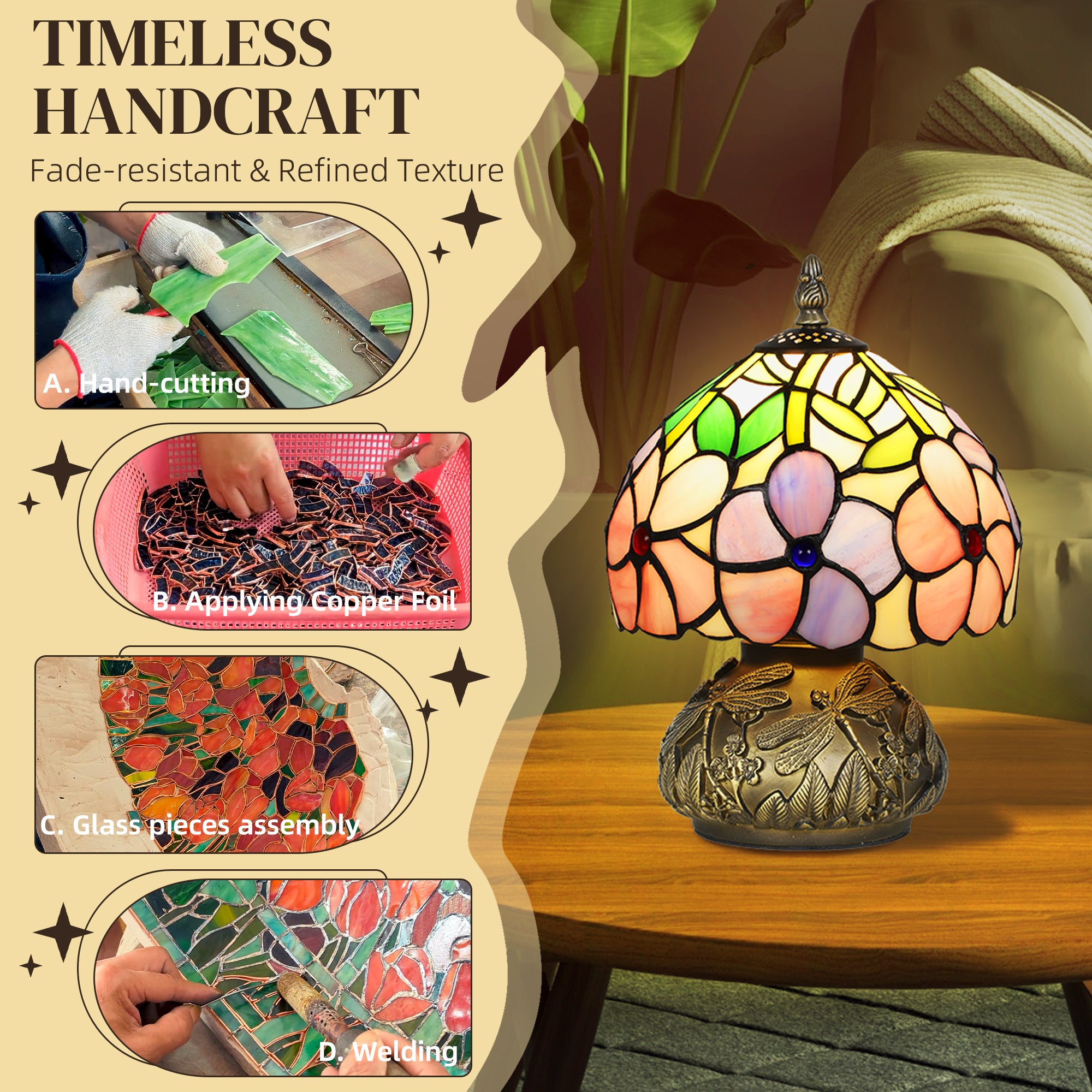 Kozy Tiffany-Style Table Lamp with Sculpted Dragonfly Base, Handcrafted Antique Stained Glass Bedside Lamp for Living Room and Bedroom, E27 Socket, Pink