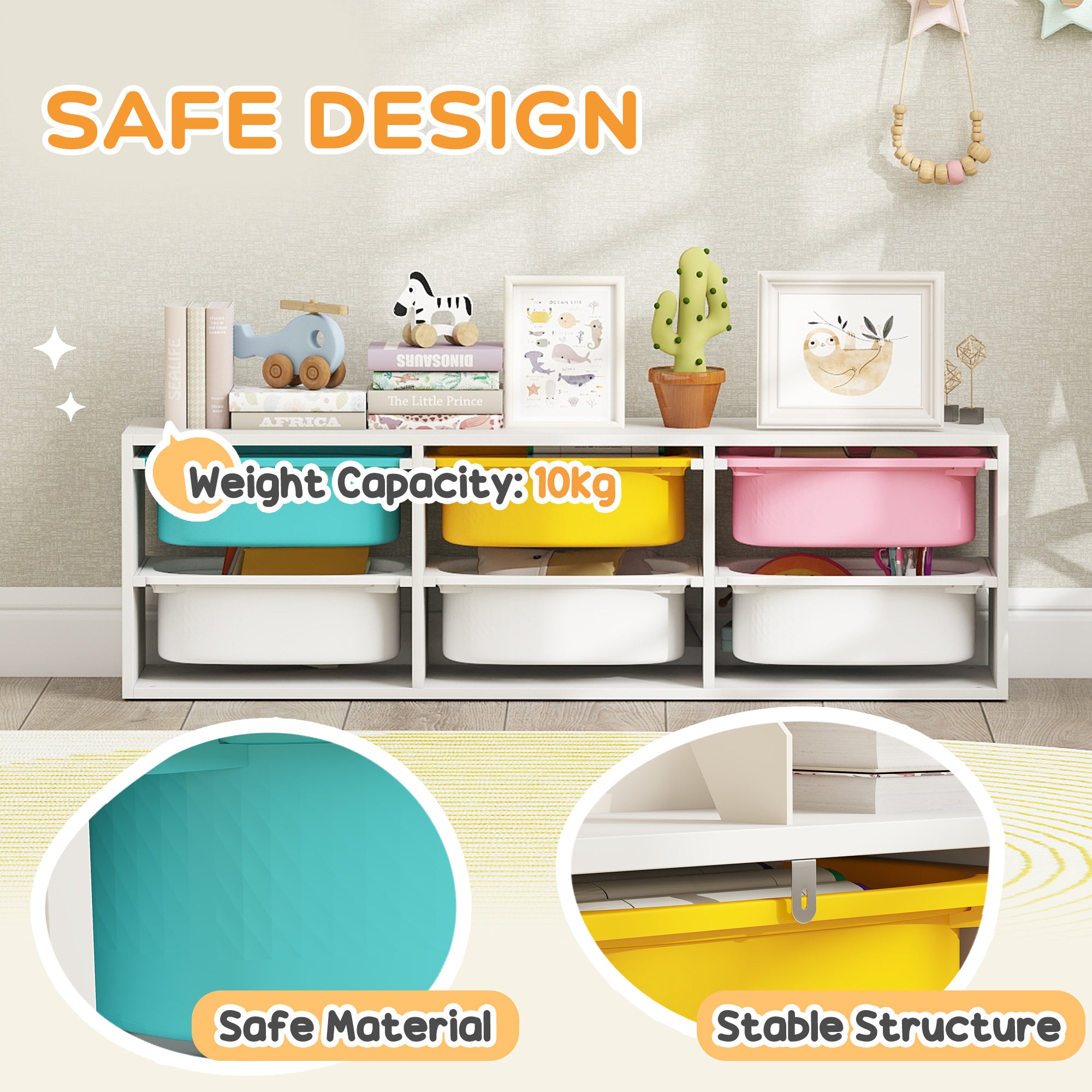 Kozy Low Height 2 Tiers Storage Organiser, Kids Toy Storage Unit with 6 Removable Bins for Bedroom, Nursery, Playroom