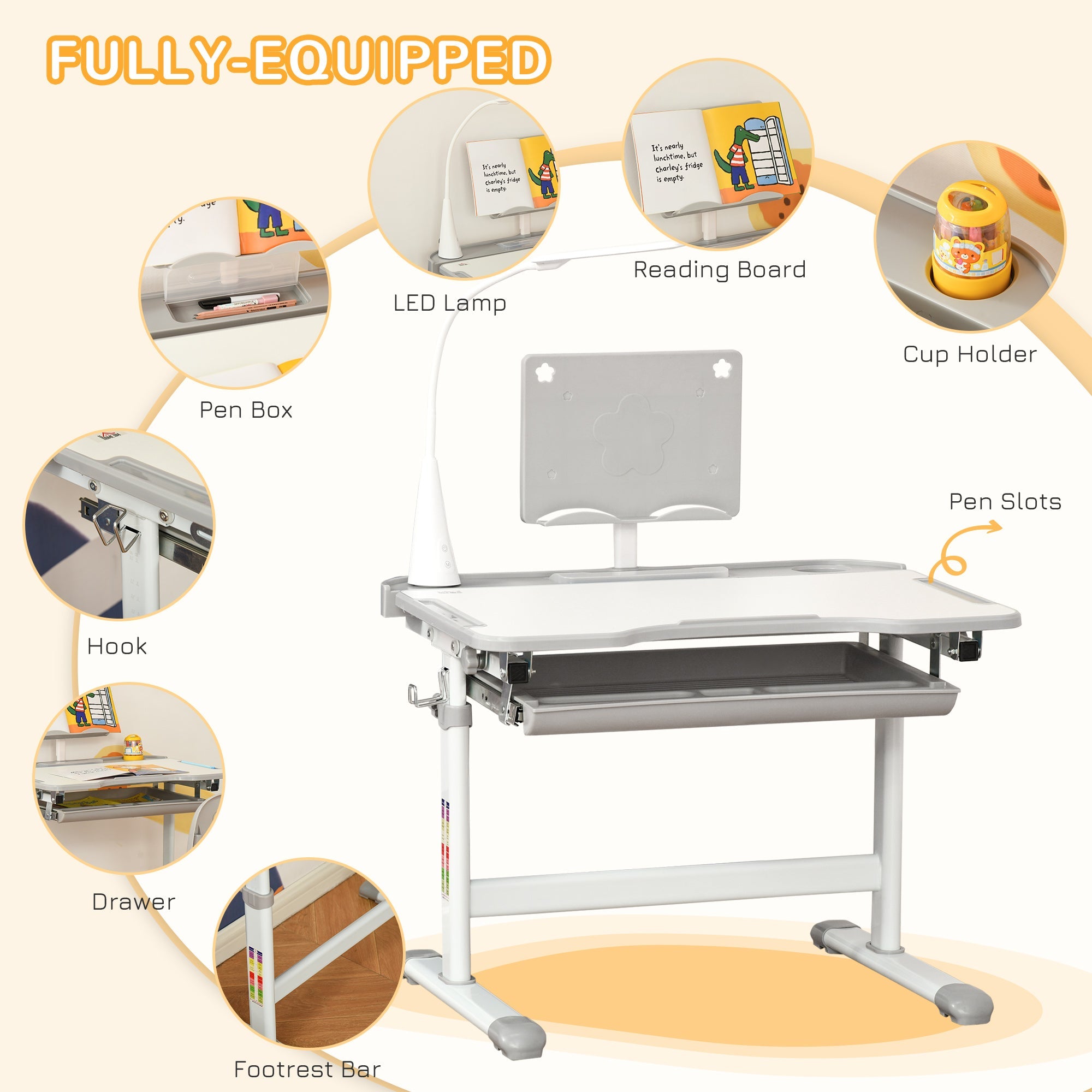 HOMCOM Children's Study Desk Set: USB Lamp, Storage Drawer, Activity Table for Arts & Crafts, Grey & White | Aosom UK