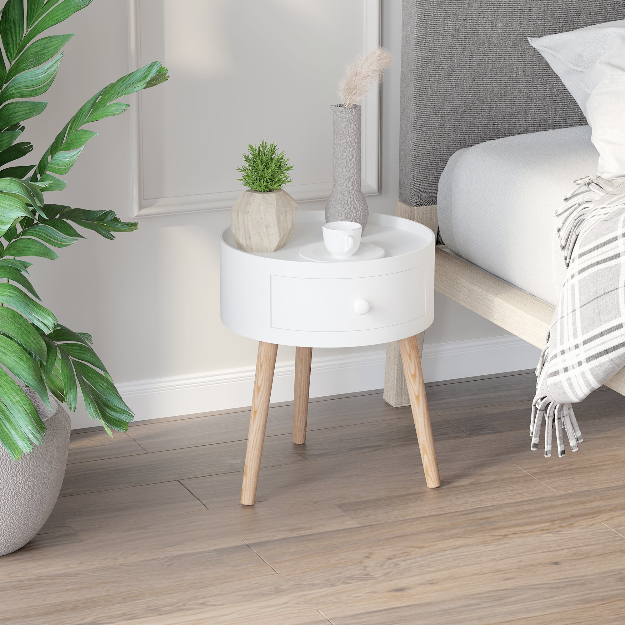 HOMCOM Modern Round Coffee Table, Wooden Side Table with Drawer, Wood Legs, Living Room Storage, White | Aosom UK