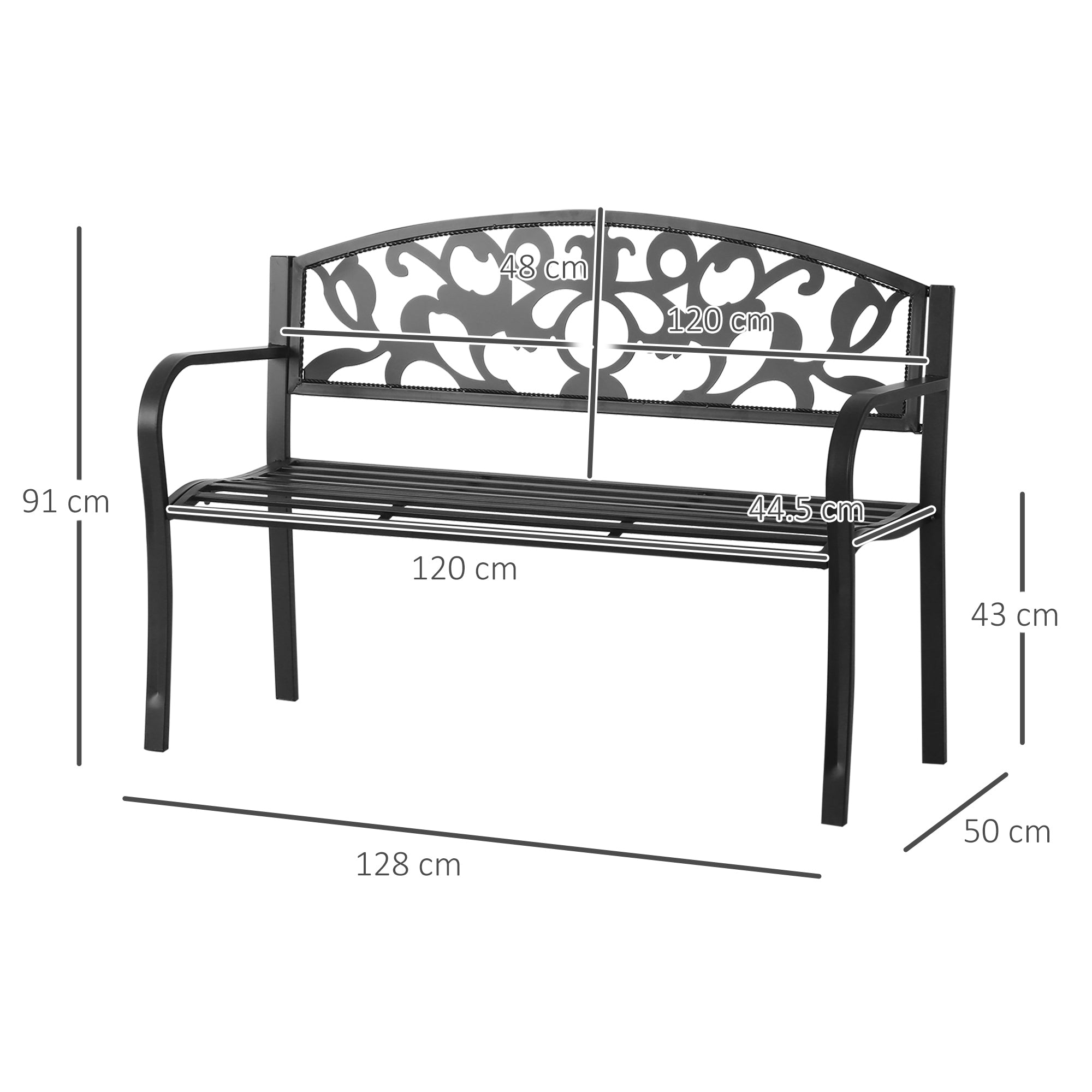 Outsunny Metal 2 Seater Patio Bench, Outdoor Garden Park Yard Furniture, Porch Chair, Black, 128L x 91H x 50W cm