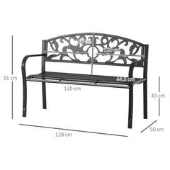 Outsunny Metal 2 Seater Patio Bench, Outdoor Garden Park Yard Furniture, Porch Chair, Black, 128L x 91H x 50W cm