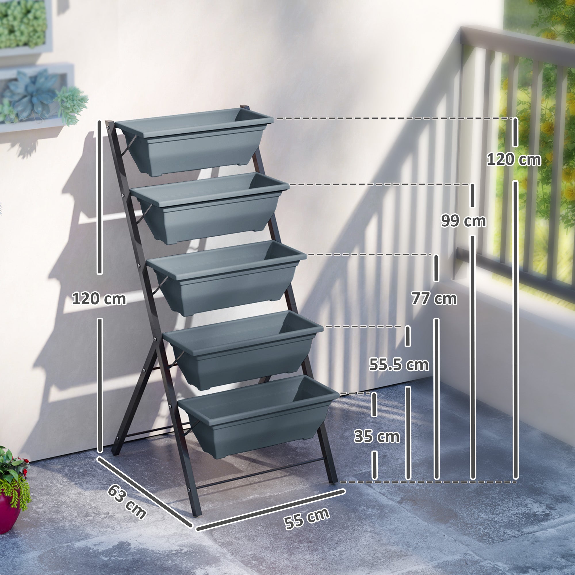 Kozy - 5-Tier Raised Garden Bed, Vertical Ladder Plant Stand with 5 Removable Boxes, Drainage Holes and Plugs, Indoor Outdoor Elevated Flower Herb Growing Box for Garden Patio Balcony, Grey