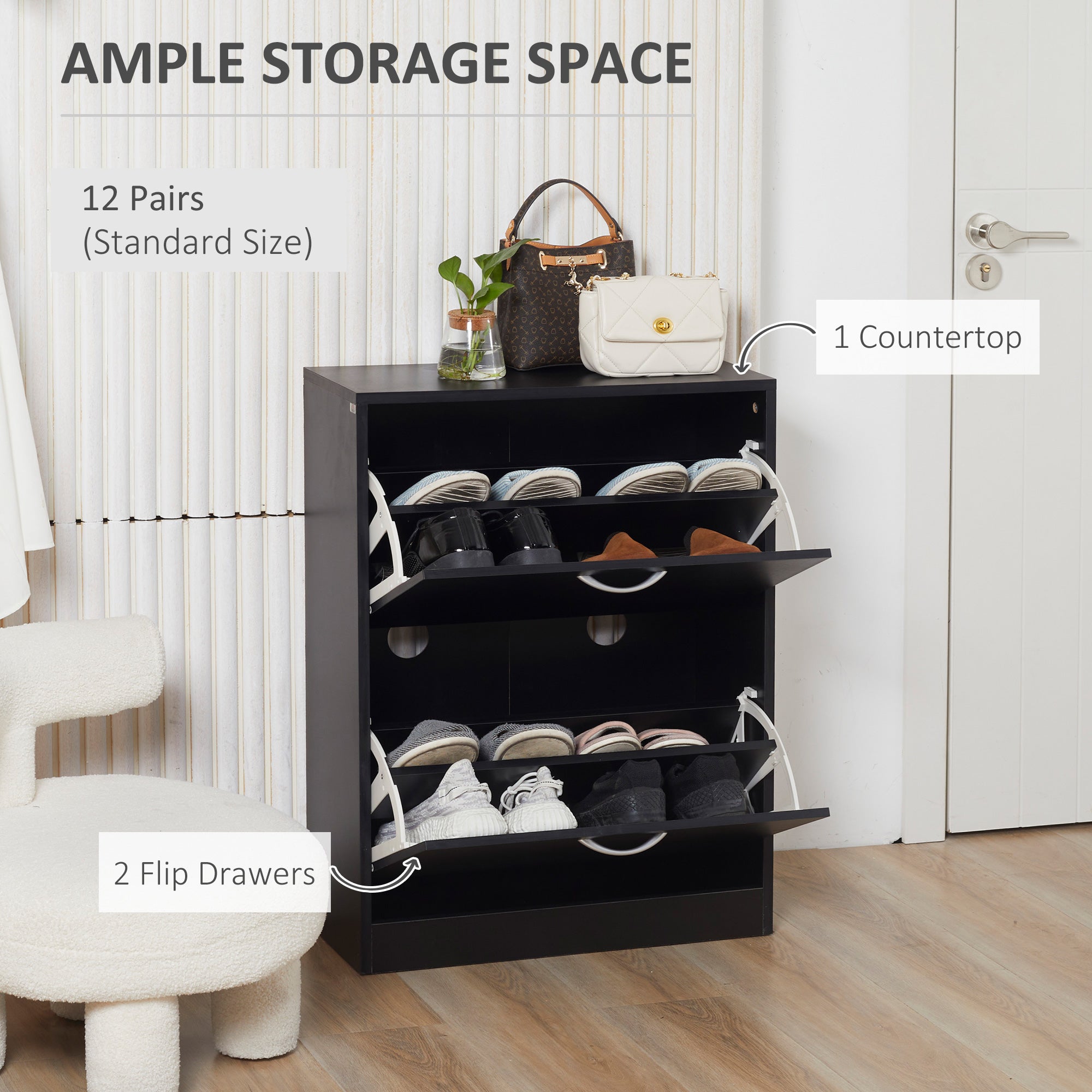 Kozy 2 Drawer Shoe Cabinet, Narrow Shoe Storage Cabinet with Flip Doors and Adjustable Shelves, Slim Shoe Cupboard for 12 Pairs of Shoes for Entryway, Hallway, Black