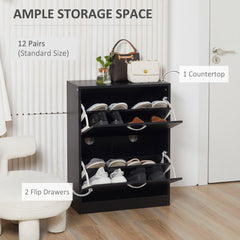 Kozy 2 Drawer Shoe Cabinet, Narrow Shoe Storage Cabinet with Flip Doors and Adjustable Shelves, Slim Shoe Cupboard for 12 Pairs of Shoes for Entryway, Hallway, Black
