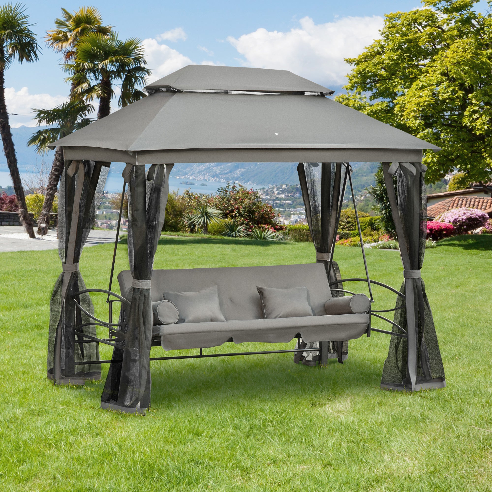 Kozy 3 Seater Swing Chair 3-in-1 Convertible Garden Swing Seat Bed Gazebo Patio Bench Outdoor with Double Tier Canopy, Cushioned Seat, Mesh Sidewalls, Grey