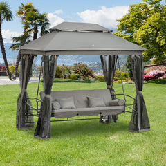 Kozy 3 Seater Swing Chair 3-in-1 Convertible Garden Swing Seat Bed Gazebo Patio Bench Outdoor with Double Tier Canopy, Cushioned Seat, Mesh Sidewalls, Grey