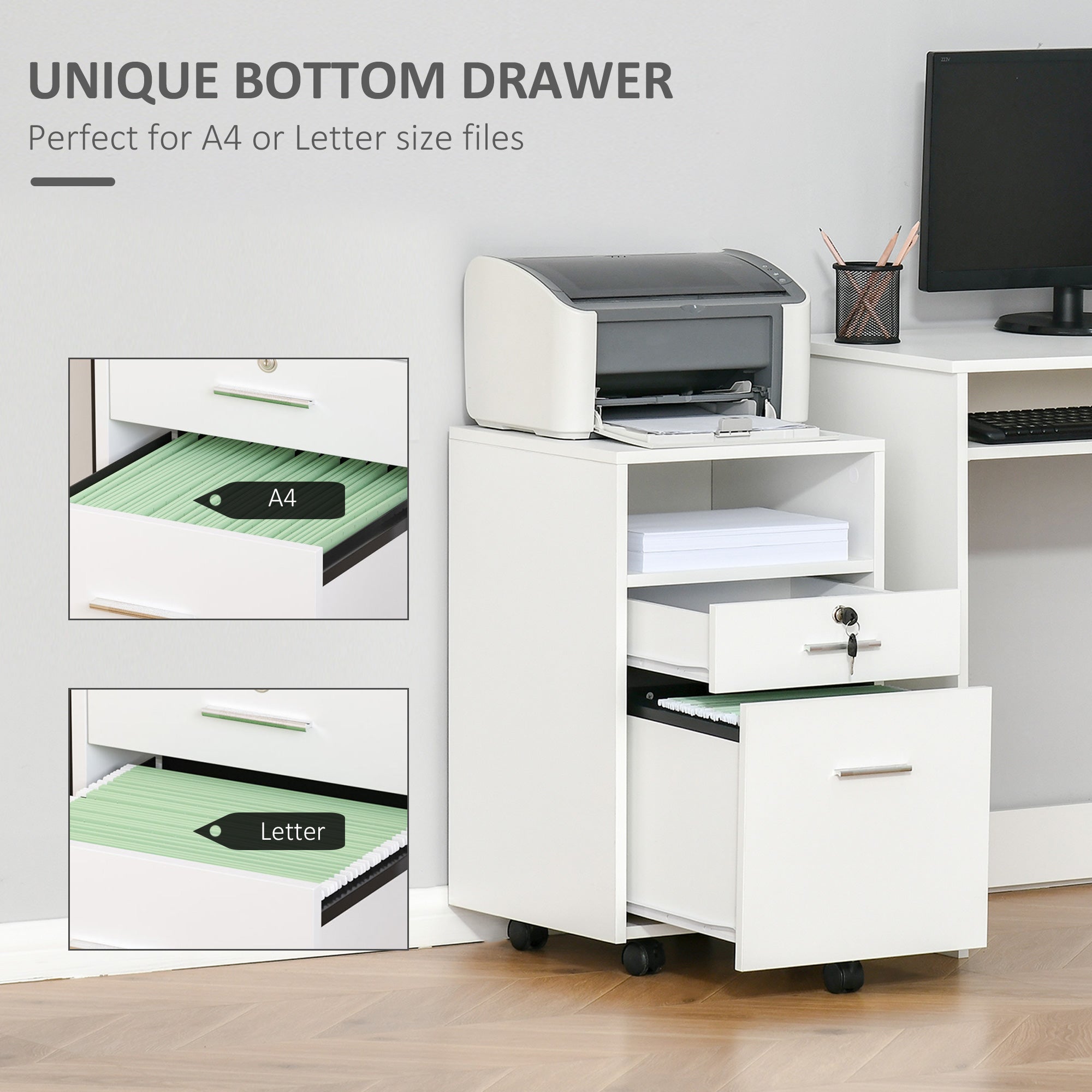 Kozy Lockable Two-Drawer Filing Cabinet, with Wheels - White